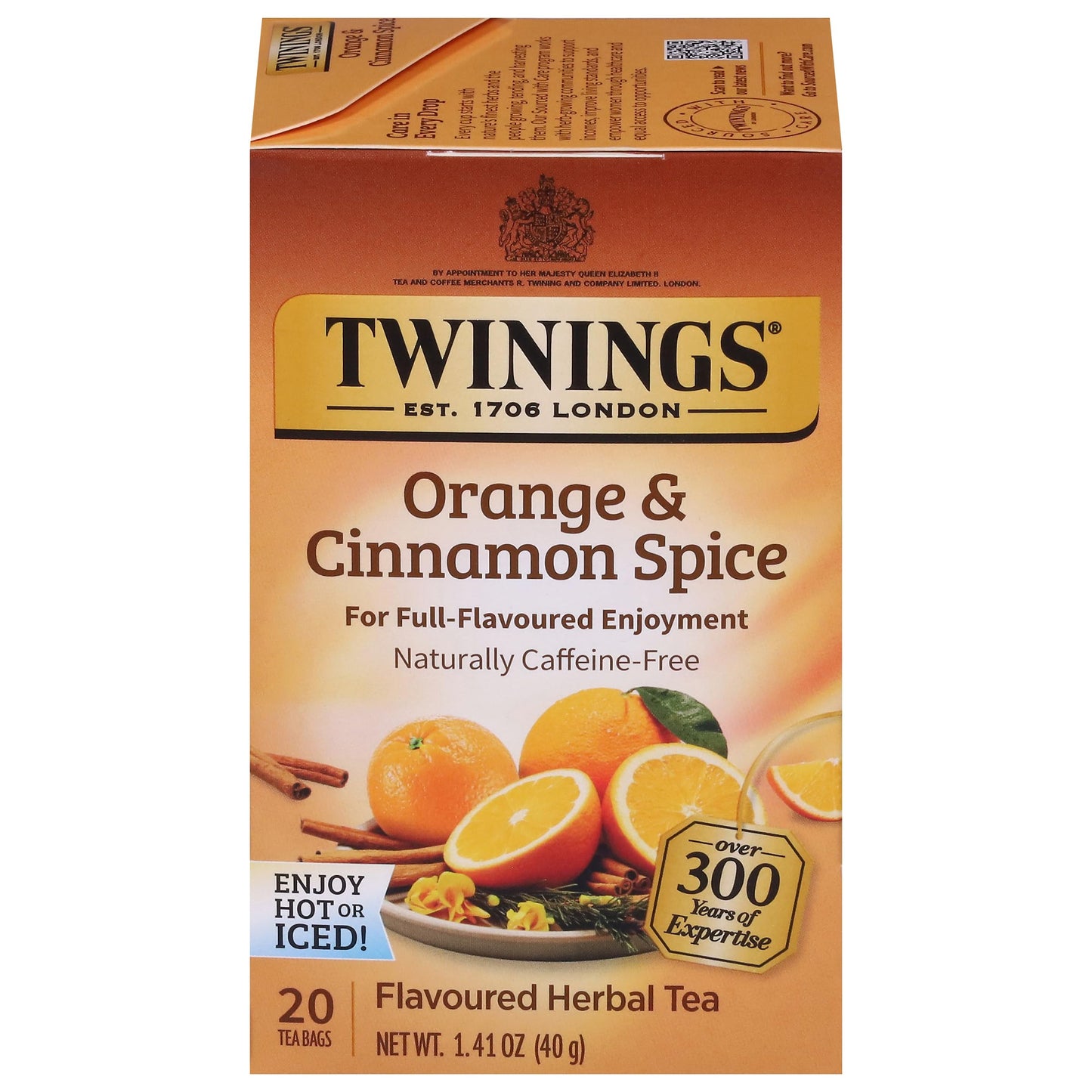 Twinings Orange & Cinnamon Spice Herbal Tea Individually Wrapped Bags, 20 Count (Pack of 4), Naturally Caffeine-Free, Enjoy Hot or Iced, 80 Teabags
