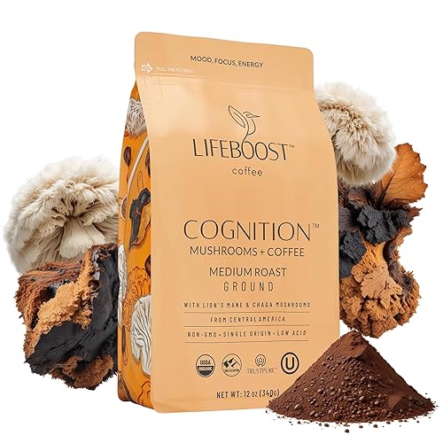 Lifeboost Cognition Focus Coffee for Calm Energy - Lion’s Mane Mushroom Coffee with Chaga - Organic Medium Roast Nootropic Coffee - Low Acid