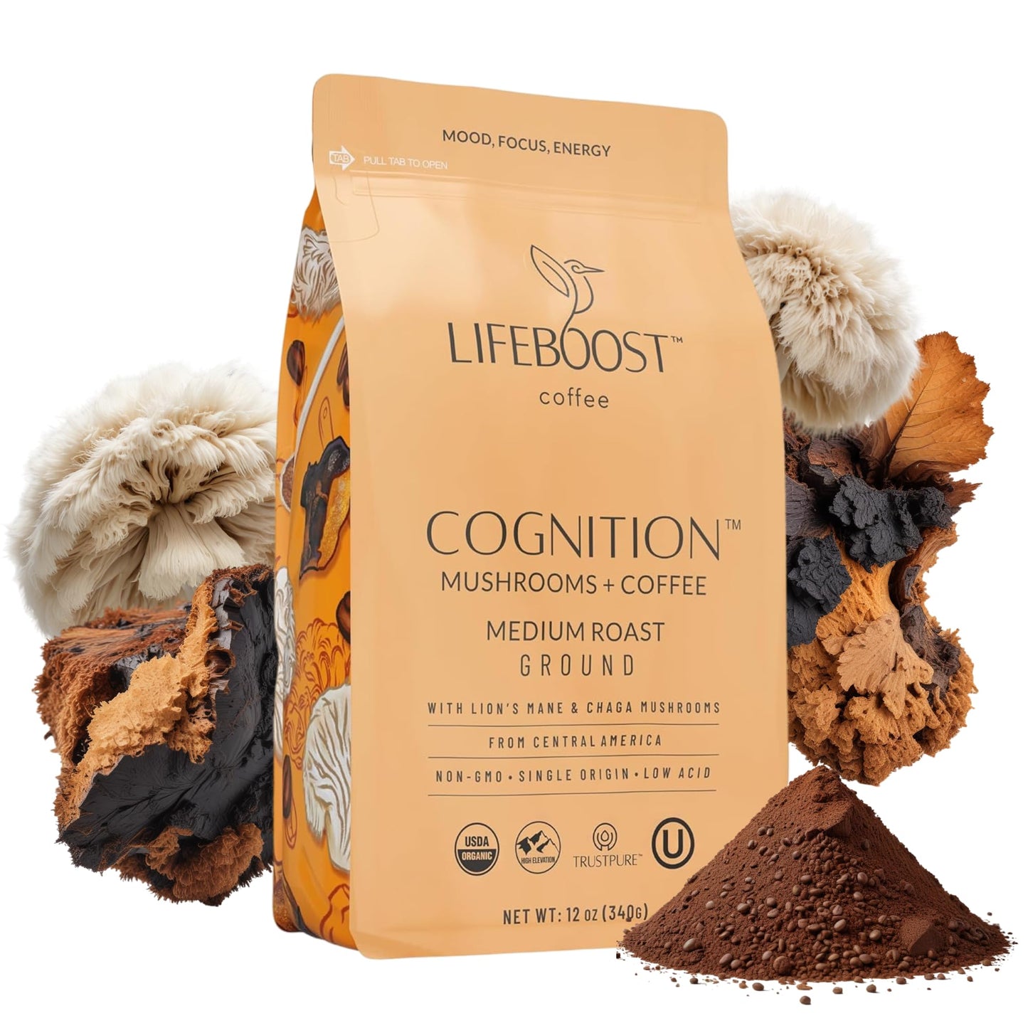 Lifeboost Cognition Focus Coffee for Calm Energy - Lion’s Mane Mushroom Coffee with Chaga - Organic Medium Roast Nootropic Coffee - Low Acid