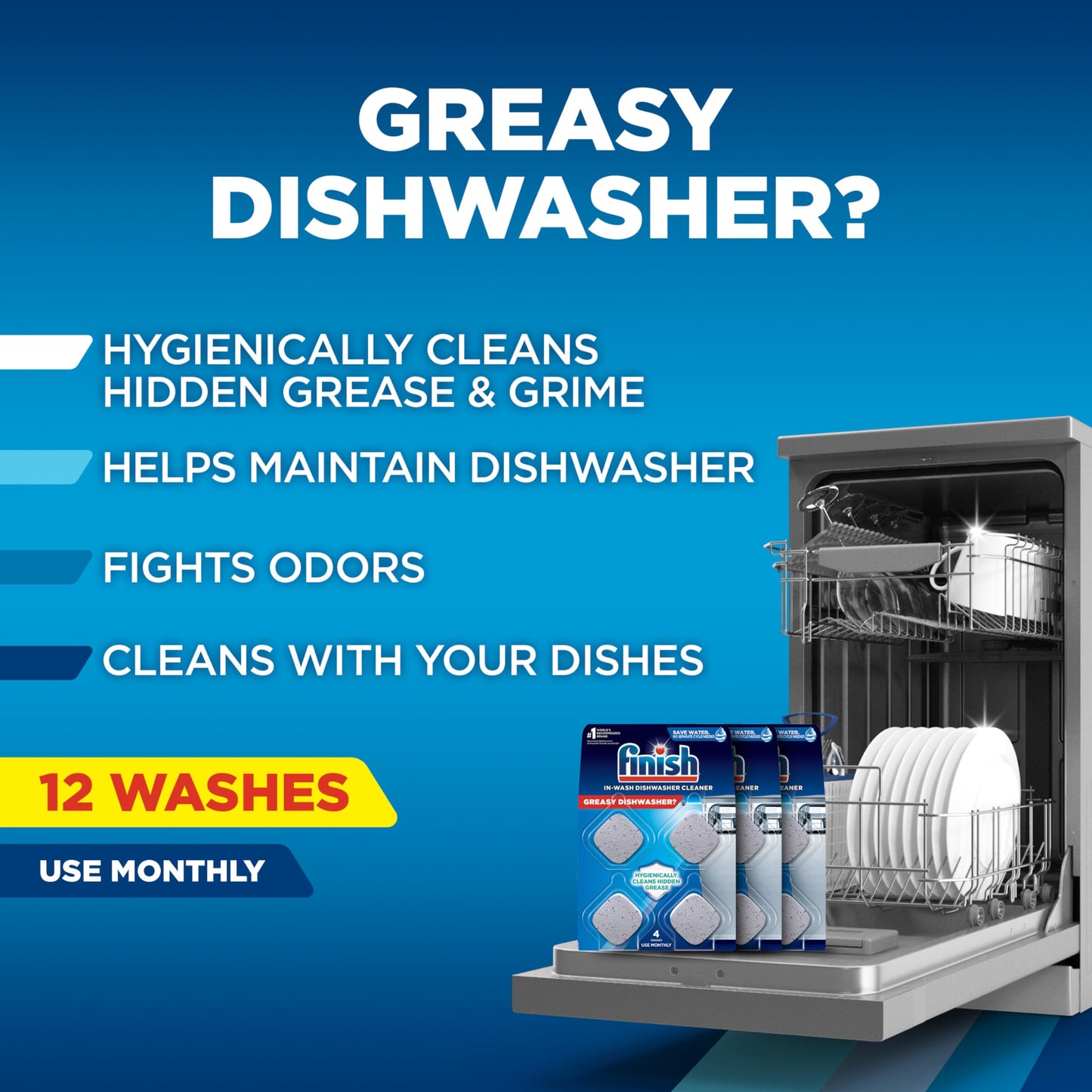 Finish Dishwasher Cleaner Tablets, Deep Cleans Hidden Grease & Grime, Fights Odors, No Extra Wash Cycle, Helps Maintain Dishwasher, 12 Month Supply