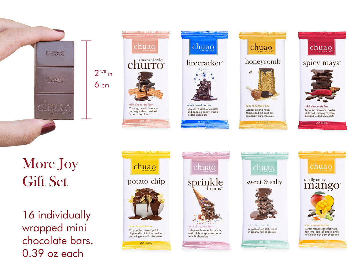 Chuao Chocolatier More Joy Assorted Mini Gourmet Chocolate Bars Gift Box | Milk and Dark Chocolate Variety Sampler For Holiday, Birthday, Thank you