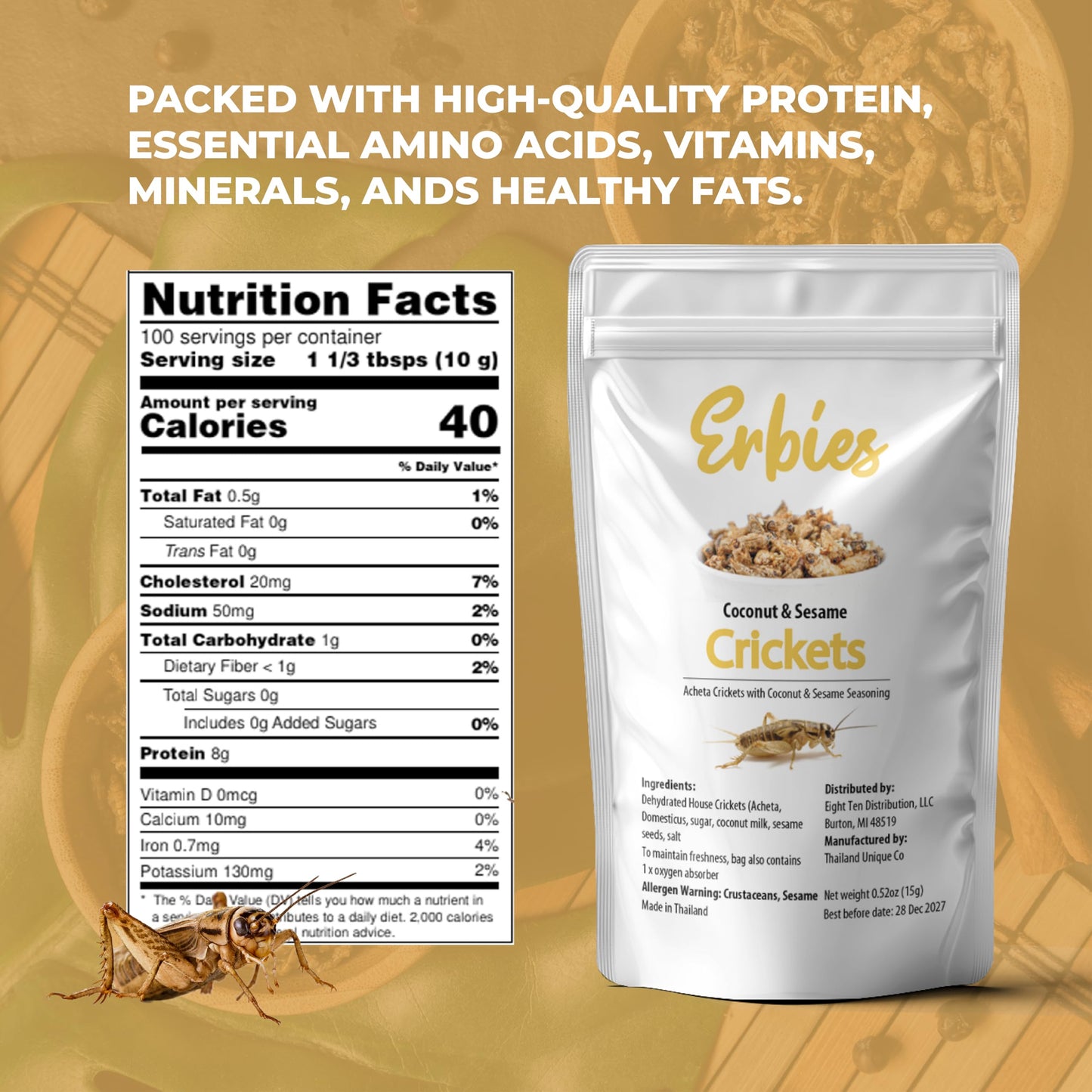 Erbies Edible Crickets for Humans, Exotic Food Bug Snacks & High Protein Edible Cricket Snacks for Humans, Sesame Coconut Flavor 15g Bag
