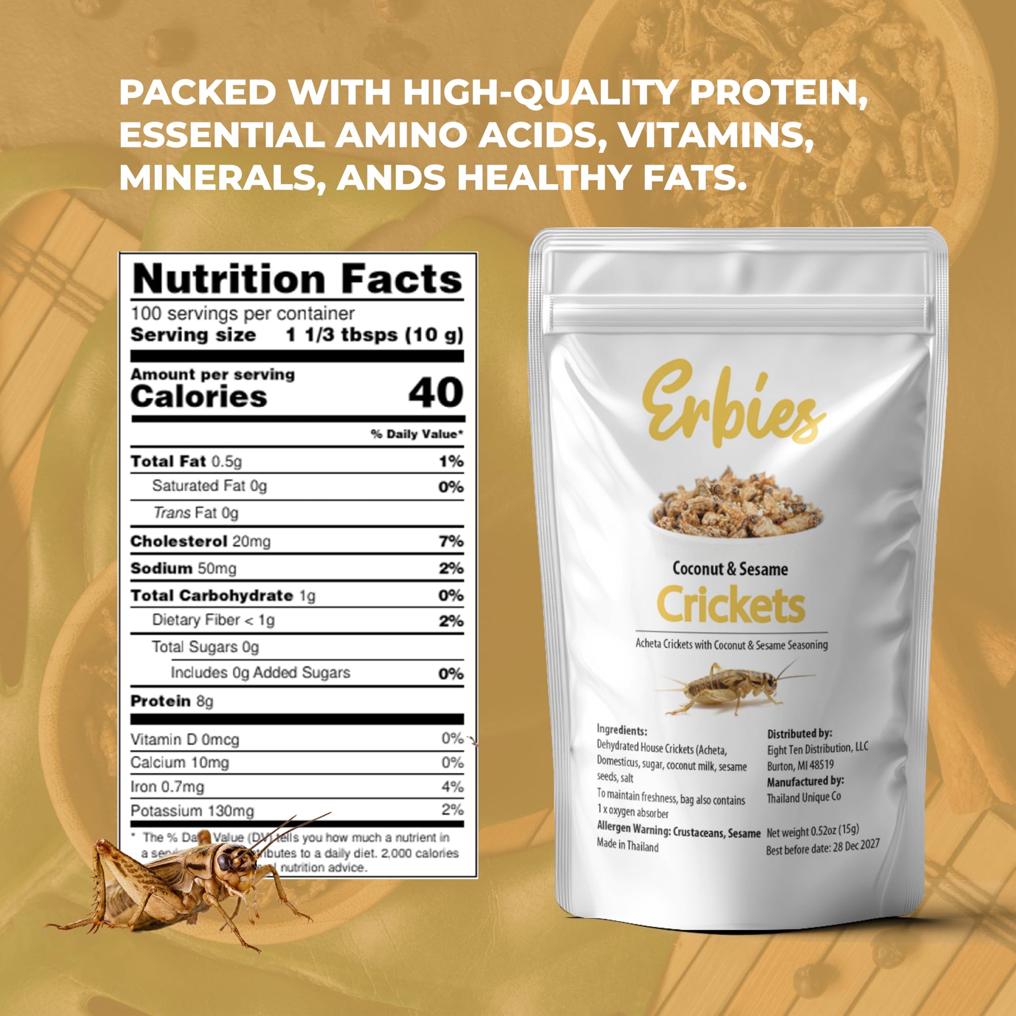 Erbies Edible Crickets for Humans, Exotic Food Bug Snacks & High Protein Edible Cricket Snacks for Humans, Sesame Coconut Flavor 15g Bag