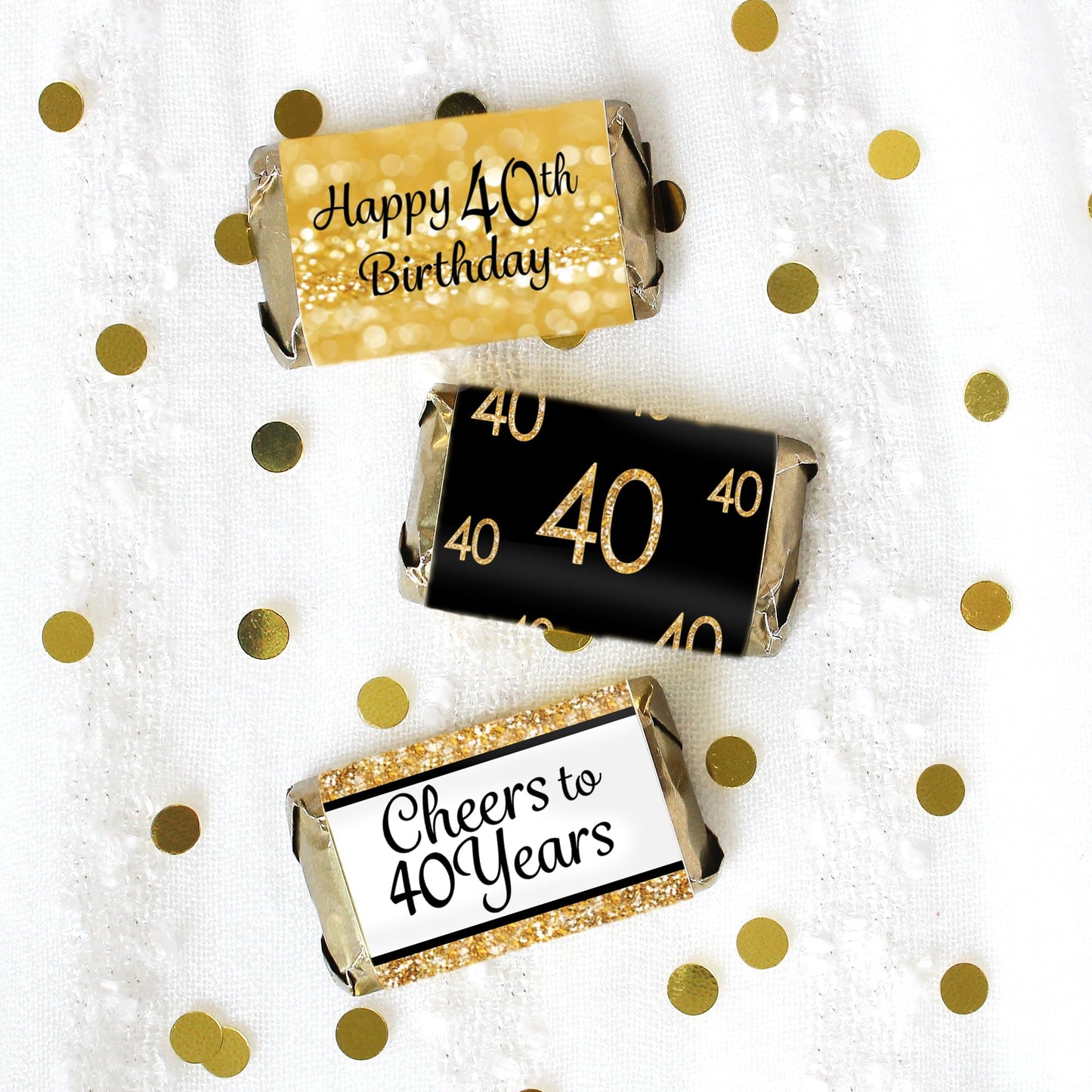 DISTINCTIVS Black and Gold 40th Birthday Mini Candy Bar Wrappers - 42 Count - 40th Birthday Party Favors for Men and Women