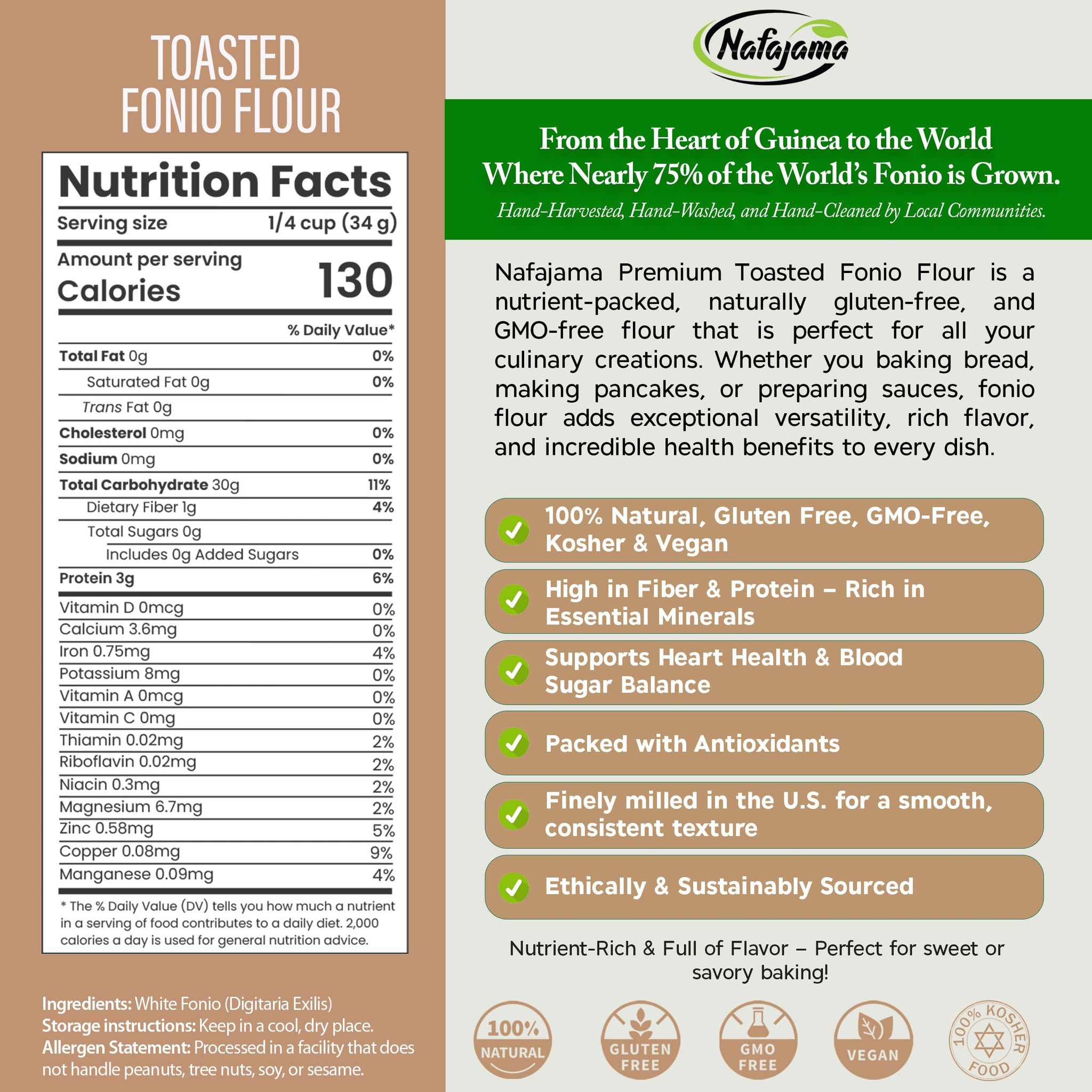 Nafajama Premium Gluten-Free Toasted Fonio Flour | Ancient African Superfood | All-Natural, Non-GMO, Vegan, High-Fiber - 1 Bag of 1 lb / 454g