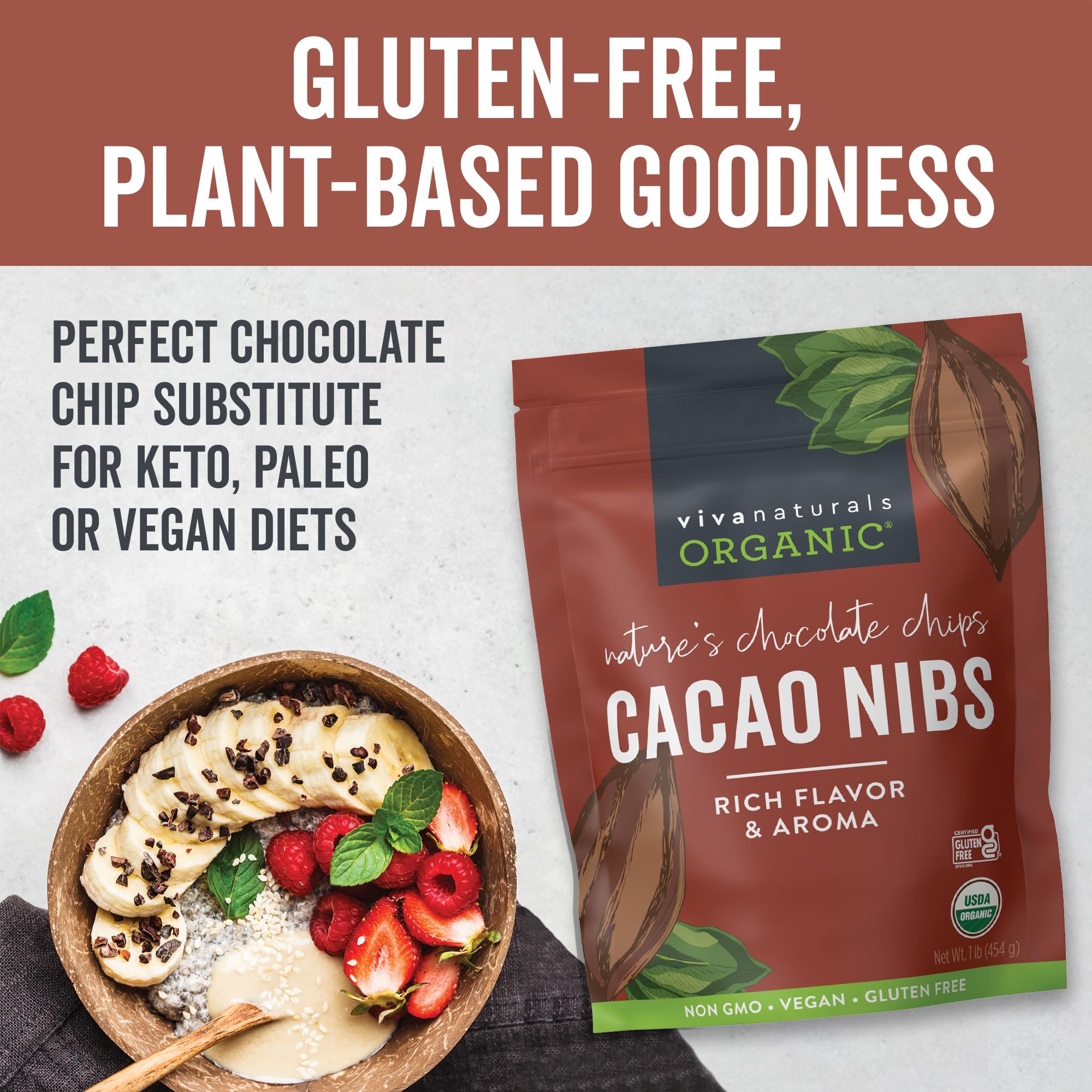 Viva Naturals Organic Cacao Nibs, Unsweetened, 1 LB (454 g), Keto Friendly, Vegan, Non-GMO, Gluten-Free Chocolate Chip Substitute
