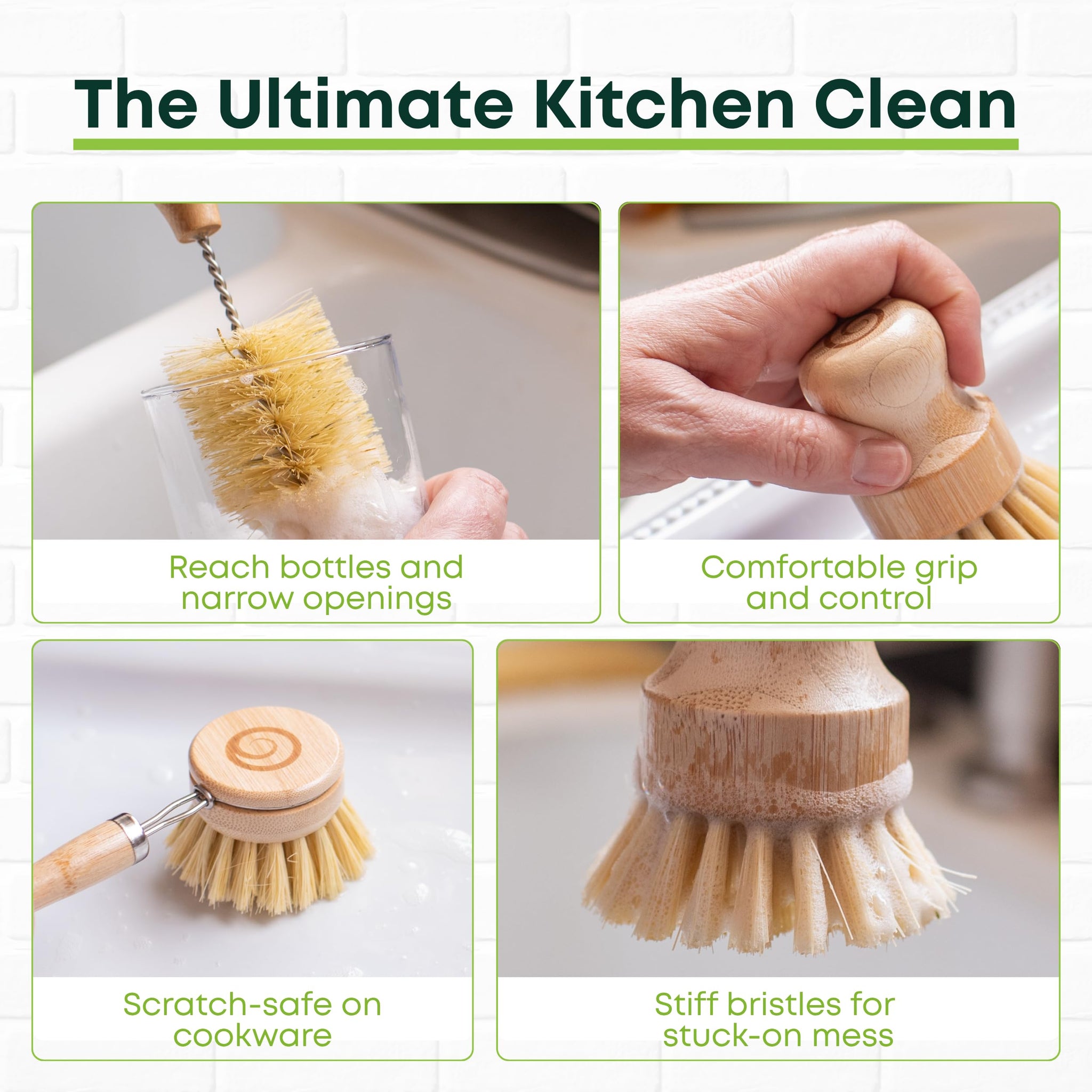 Tieralia Bamboo Dish Brush Set 5 Piece - Eco Friendly Kitchen Cleaning Kit with Bottle Brush, Long Dish Brush, Palm Scrubber & 2 Plant-Based Sponges |
