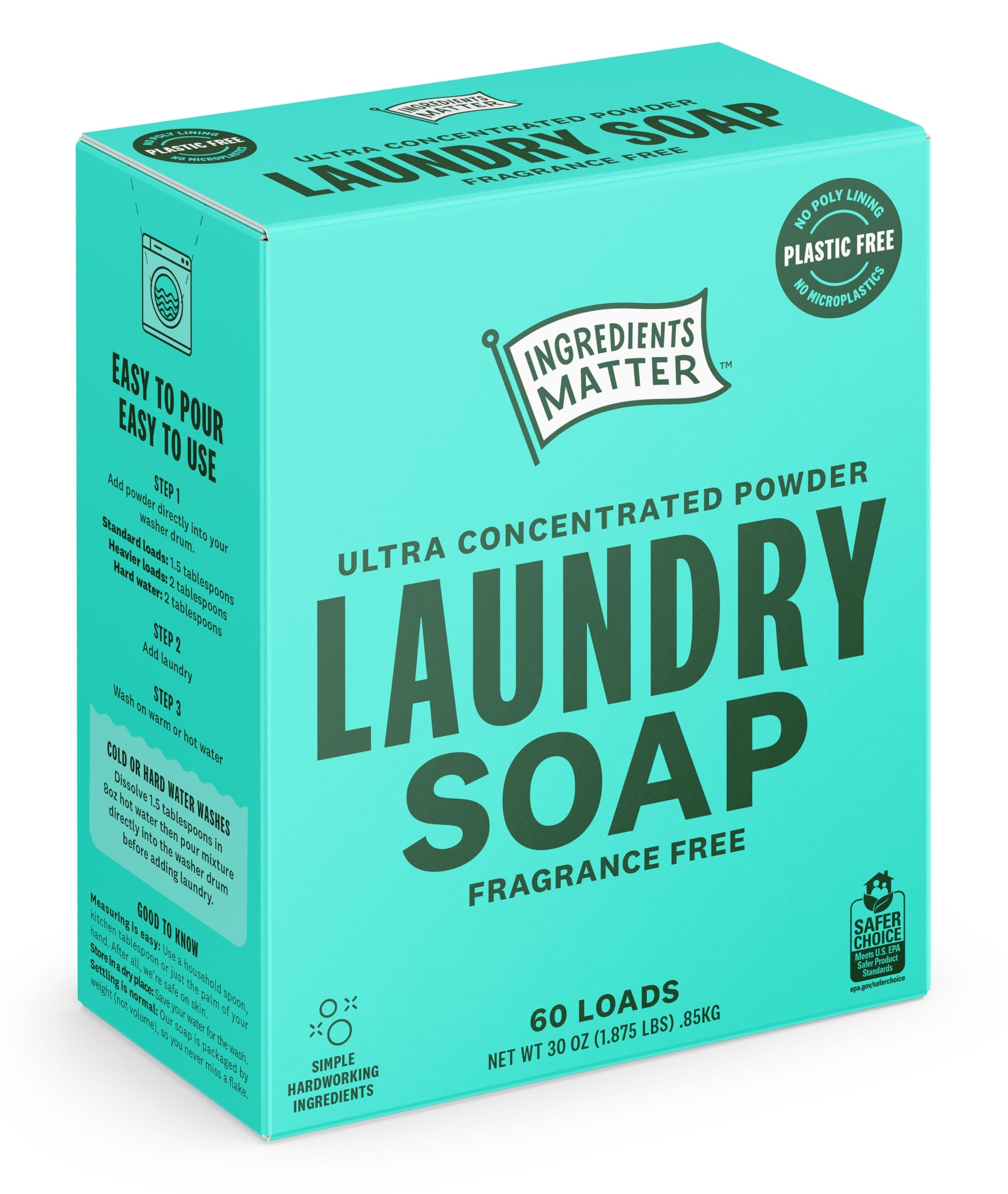 Ingredients Matter Powder Laundry Soap - Fragrance Free, Hypoallergenic Detergent, Natural & Eco-Friendly, Plastic Free, Made in USA, Natural