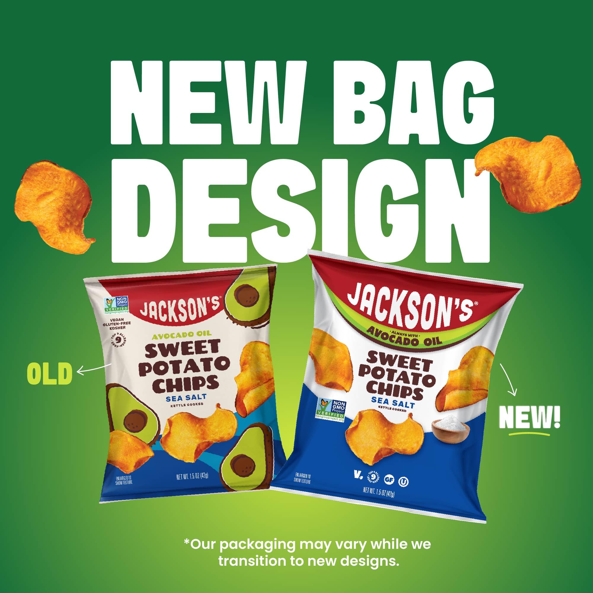 Jackson’s Sweet Potato Kettle Chips with Sea Salt made with Avocado Oil (1.5 oz, Pack of 10) - Allergen-friendly, Gluten Free, Peanut Free, Vegan
