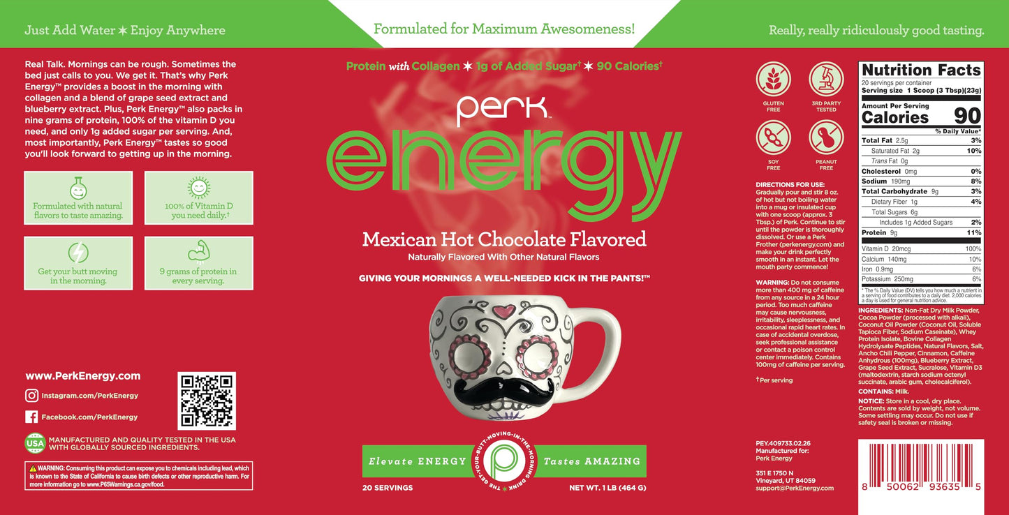Perk Energy Drink Mix (Mexican Hot Chocolate) 20 Servings - Caffeinated Healthy Coffee Alternative with Protein, 100mg of Caffeine, Gluten-Free