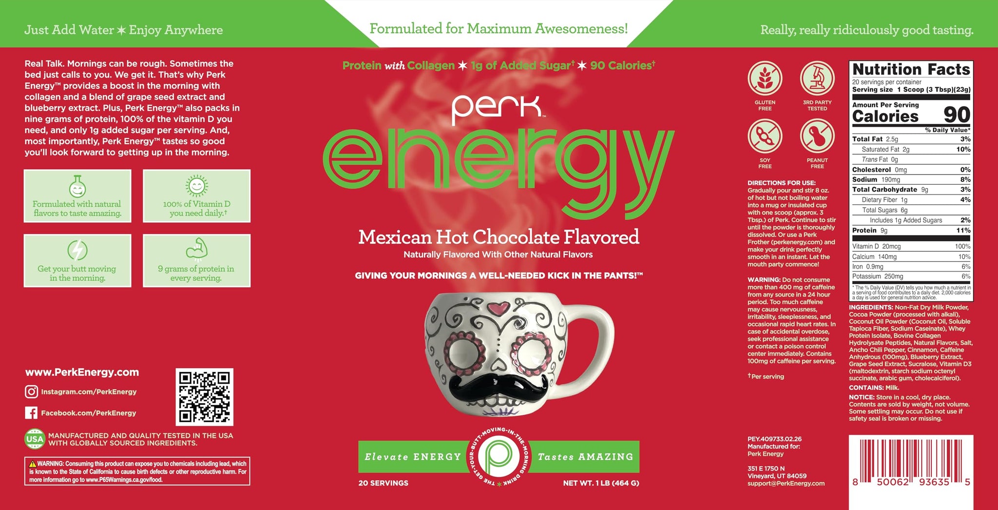 Perk Energy Drink Mix (Mexican Hot Chocolate) 20 Servings - Caffeinated Healthy Coffee Alternative with Protein, 100mg of Caffeine, Gluten-Free