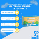 Greenseedz Dryer Sheets, 120 Count, Softens, Reduces Static & Freshens Laundry, Plastic-Free, Works with All Fabrics