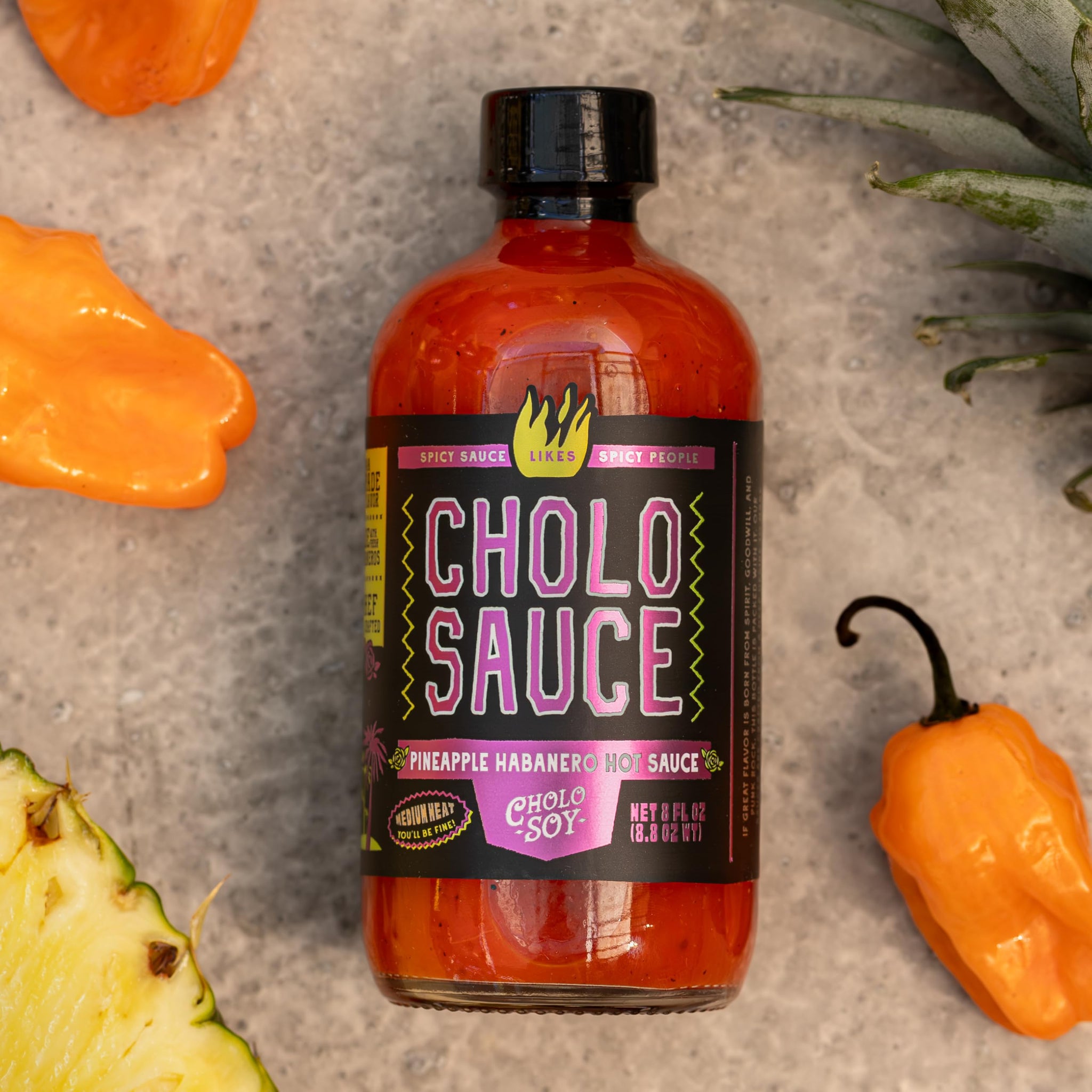 Cholo Sauce Pineapple Habanero Hot Sauce, Spicy Gourmet Condiment, Sweet Heat Blend, 8 Fl Oz Glass Bottle