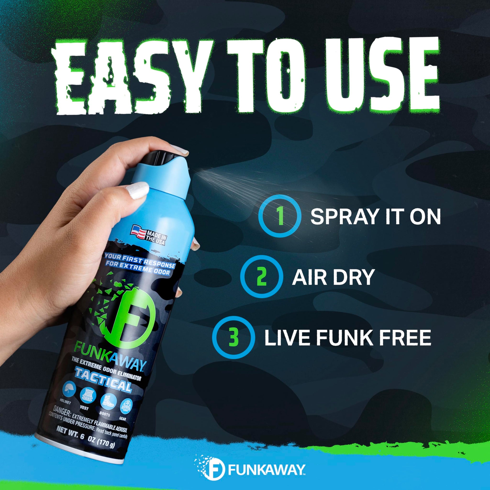 FunkAway Extreme Military Grade Odor Eliminating AeroSpray, 6 oz., Odor Eliminating Spray Designed for First Responders, Removes Sweaty, Musty, Smoke