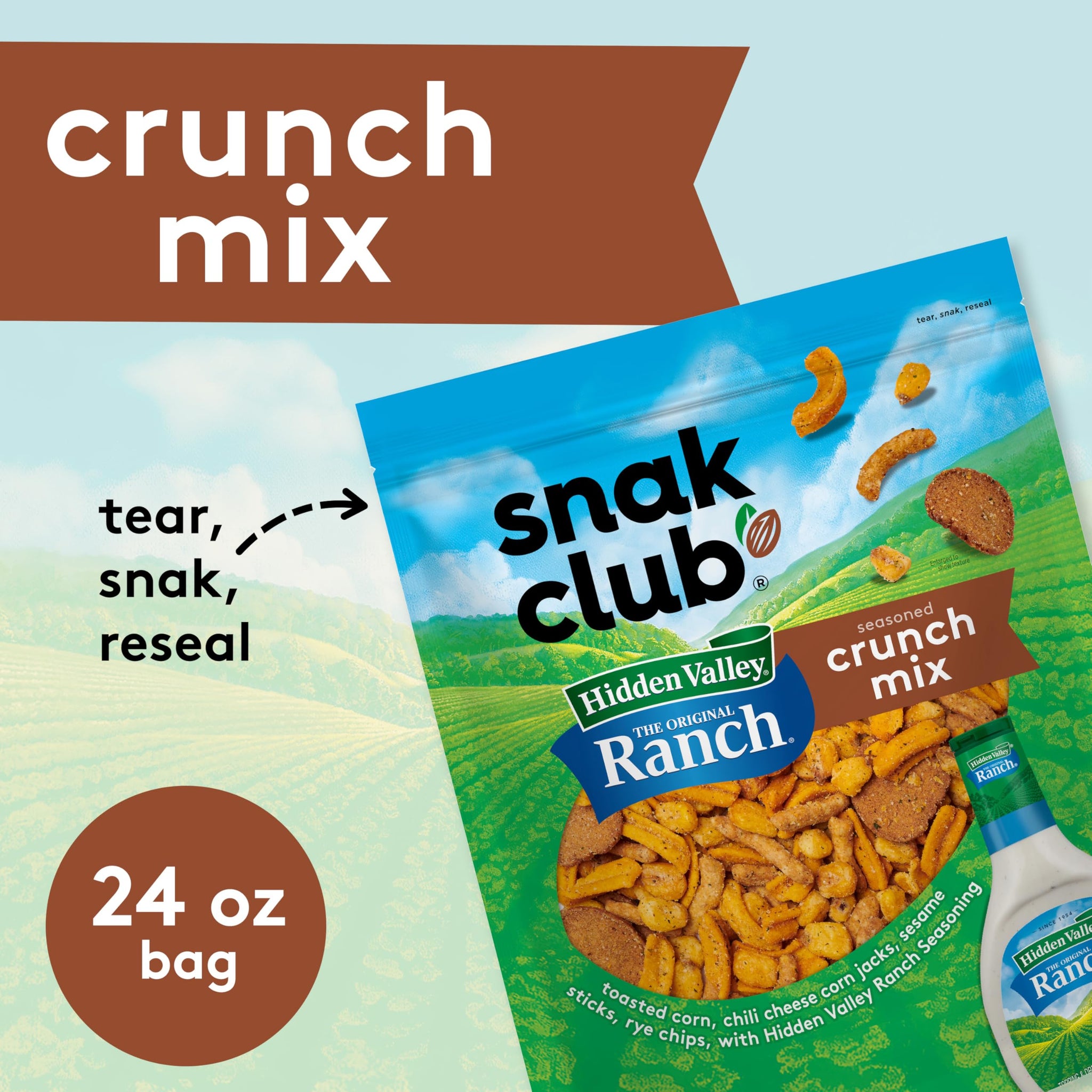 Snak Club Crunch Mix with Hidden Valley Ranch Seasoning, Toasted Corn, Chili Cheese Corn Jacks, Sesame Sticks, and Rye Chips, Kosher Snack, 24 oz