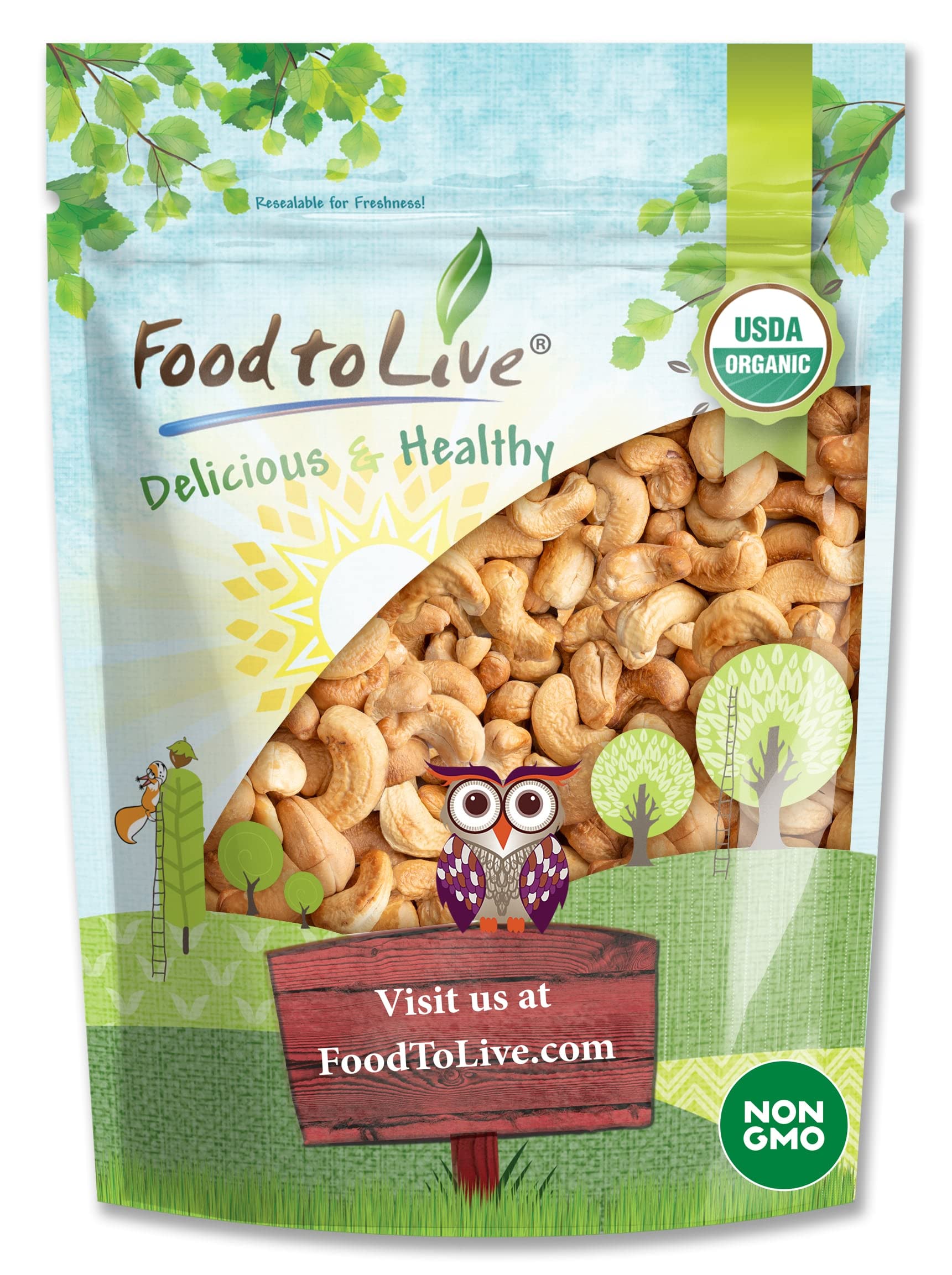 Food to Live Organic Dry Roasted Whole Cashews, 8 Ounces Non-GMO, Unsalted, Oven Roasted Nuts, No Oil Added, Kosher, Vegan, Bulk. Crunchy Texture