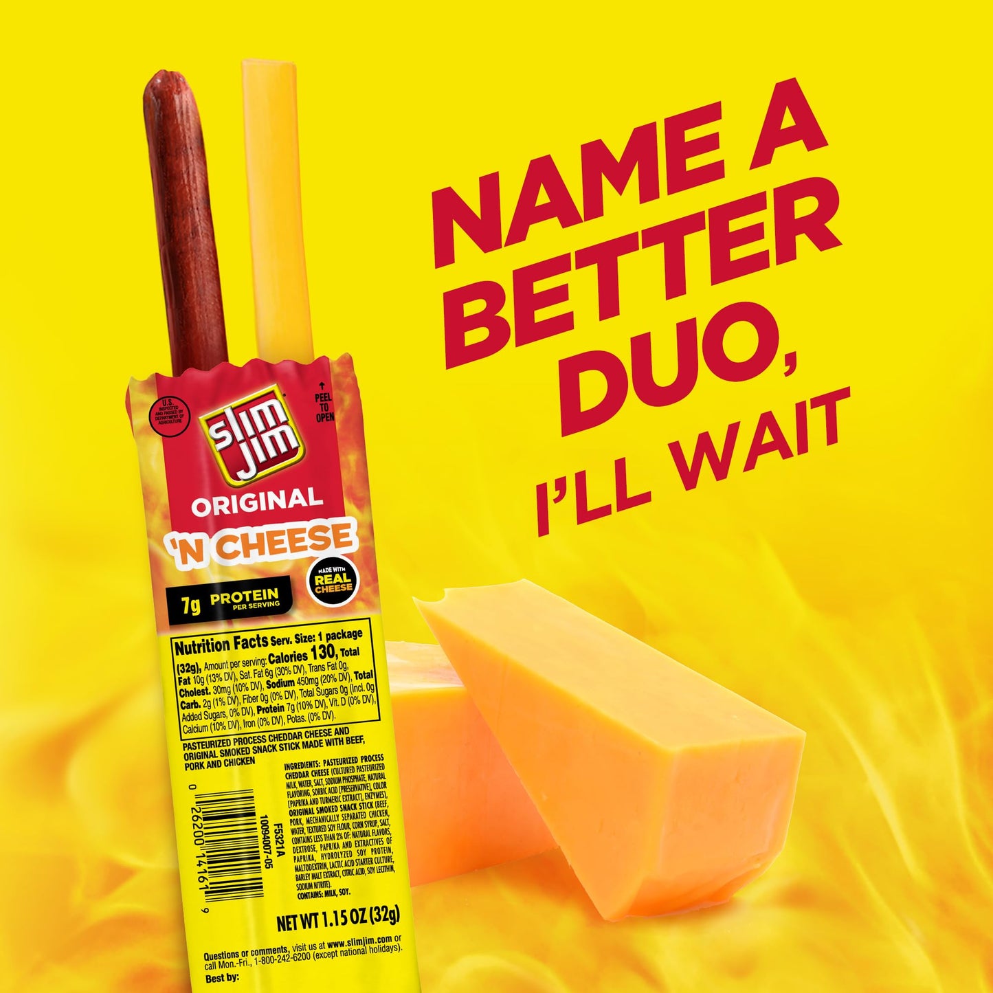 Slim Jim Beef 'N Cheese Smoked Meat Sticks, Original Flavor, 7g Protein Per Serving, 1.15 oz. (14 Count)