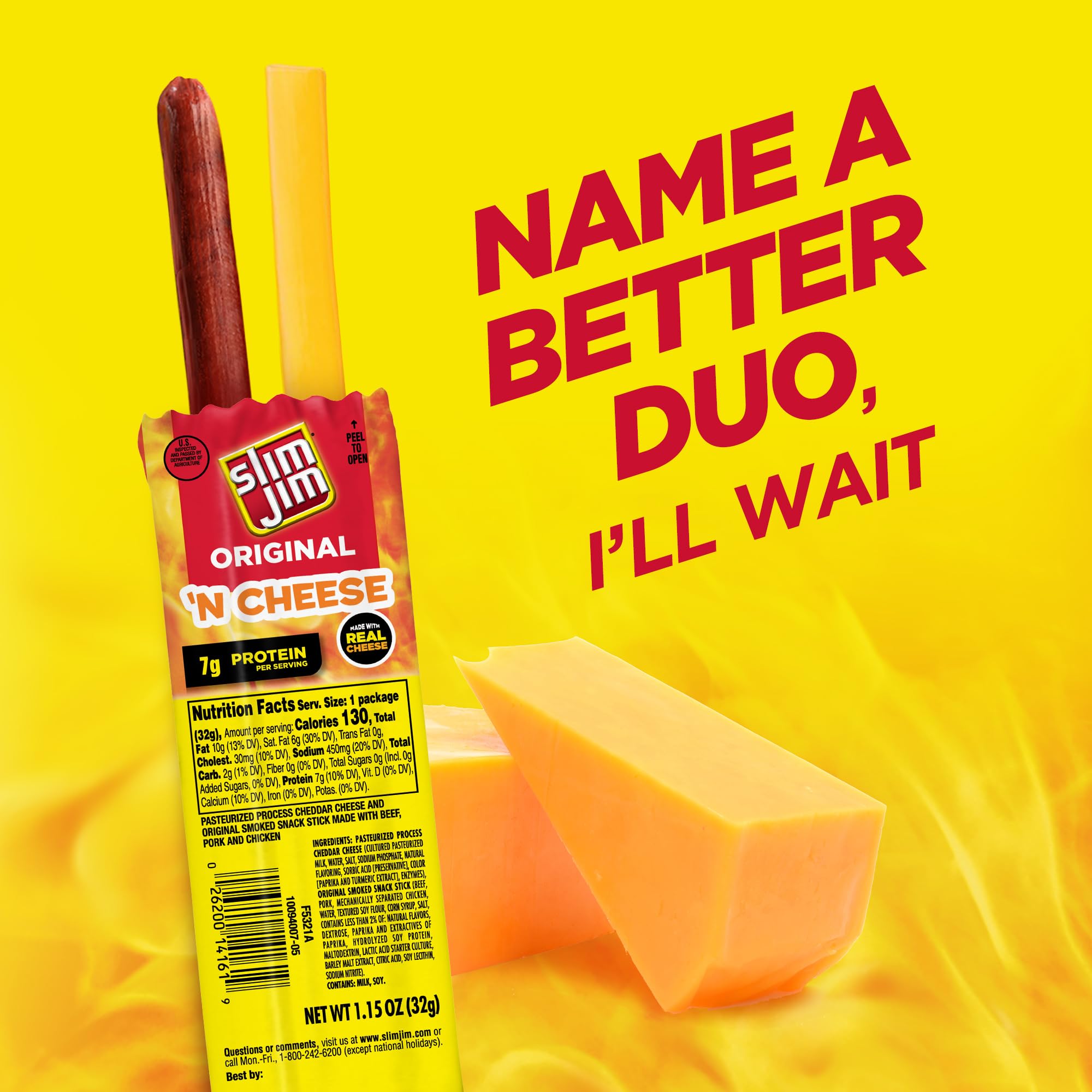Slim Jim Beef 'N Cheese Smoked Meat Sticks, Original Flavor, 7g Protein Per Serving, 1.15 oz. (14 Count)