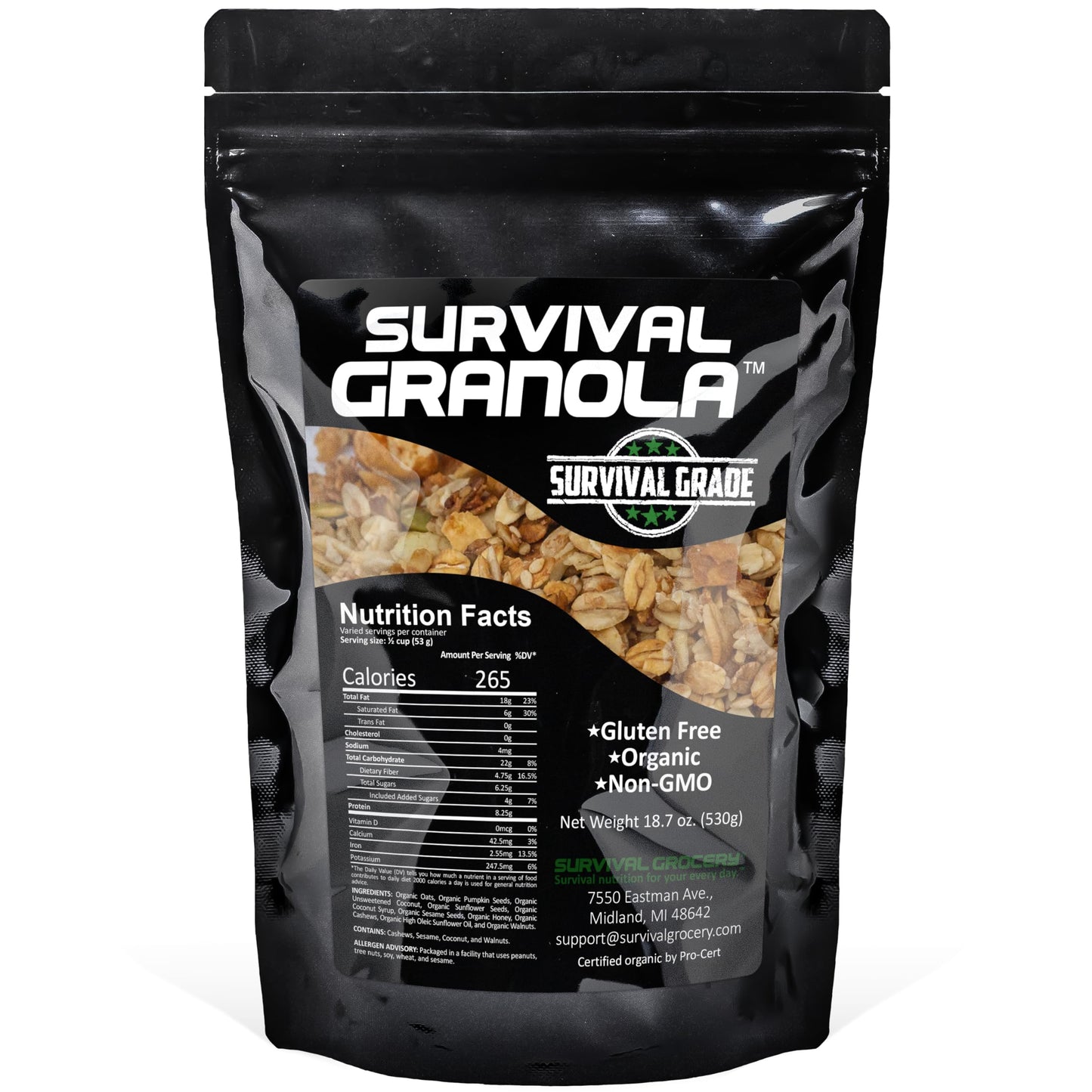 Survival Grocery Organic Ancient Grain Survival Granola™ - Gluten Free, Non-GMO, No Added Sugar, High Protein Snack With Nuts, Seeds, Coconut,