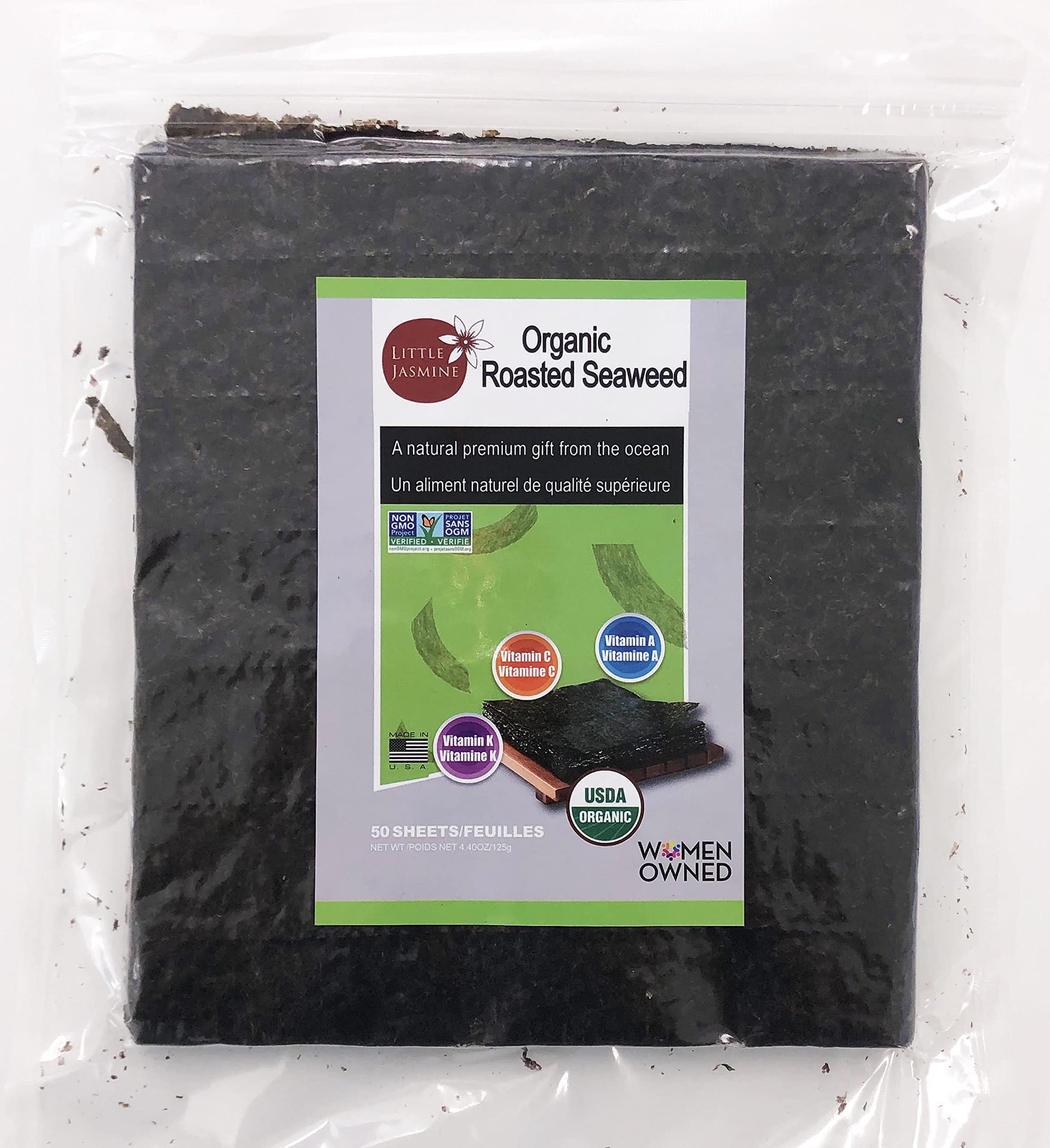 Little Jasmine Roasted Seaweed, USDA Organic Certified, Premium Grade, 50-Full Sheets , Made in USA