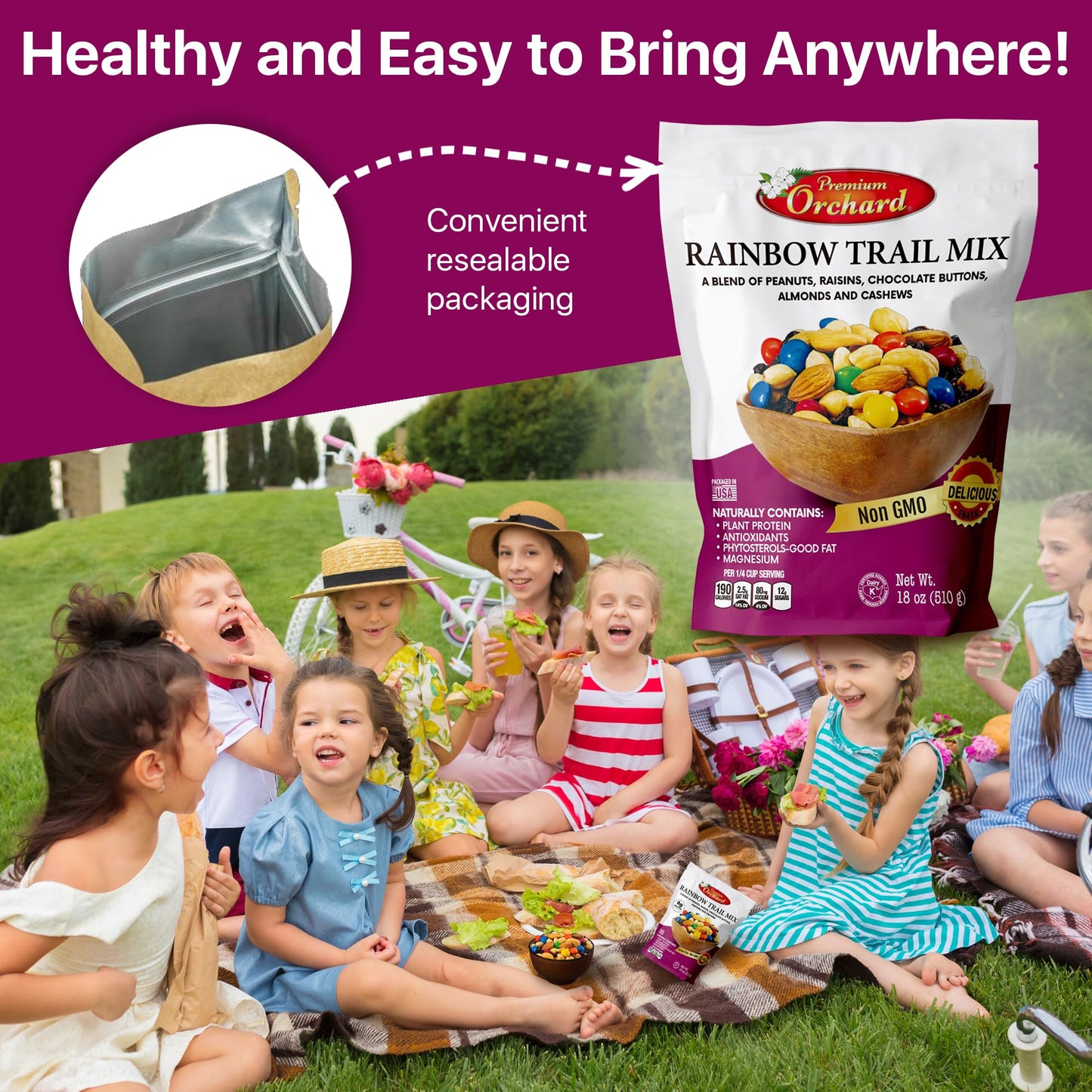 MIXED NUTS Rainbow Trail Mix by Premium Orchard - Healthy Trail Mix Variety Pack Peanuts Raisins Cashews Almonds Chocolate Buttons Heart Healthy