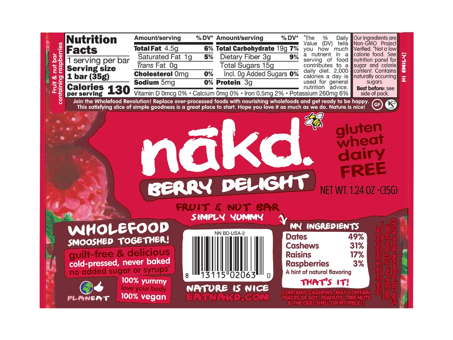 Nakd Bars, Berry Delight Raw Fruit and Nuts, Gluten Free, Vegan, 18 Count