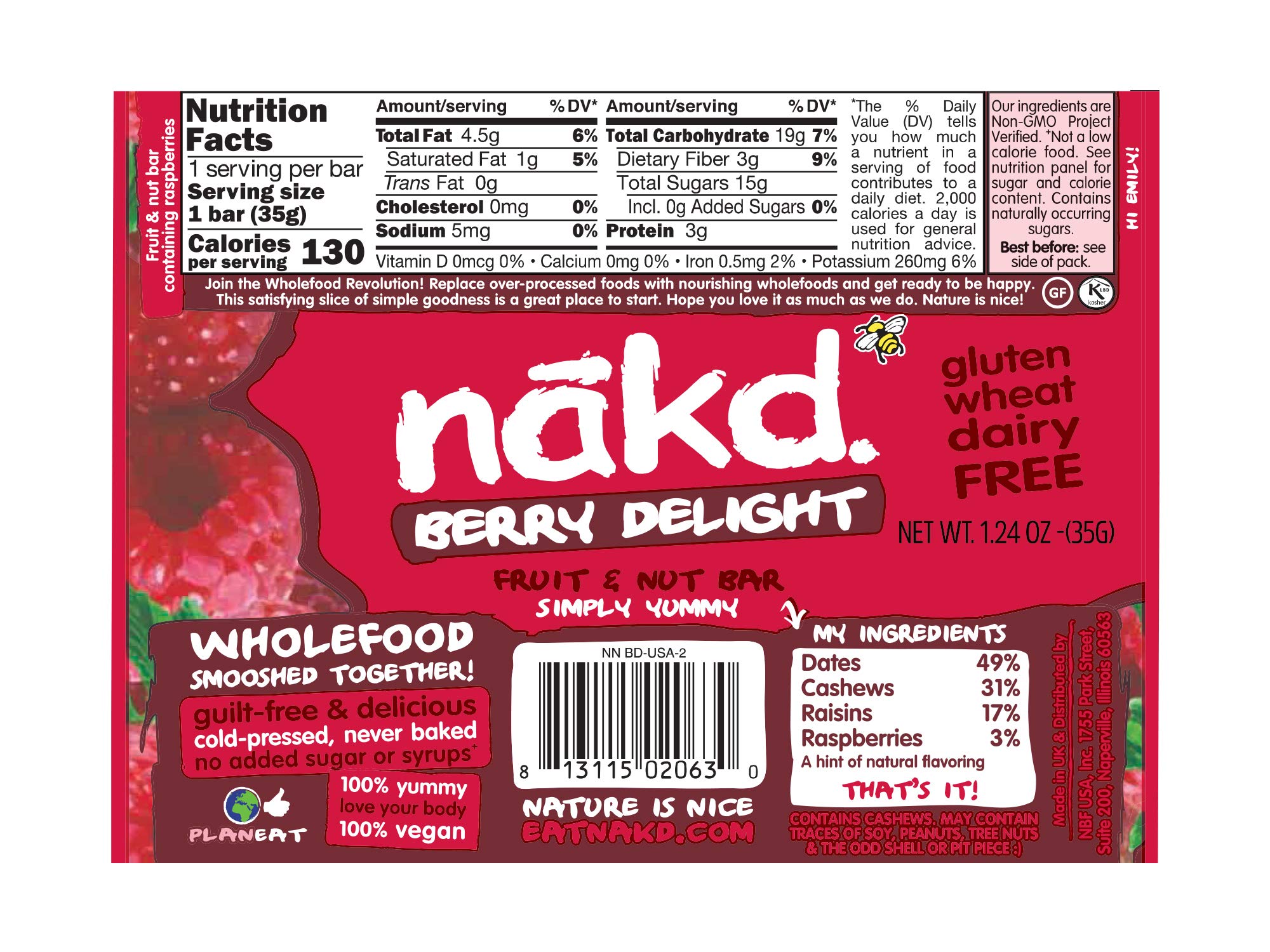 Nakd Bars, Berry Delight Raw Fruit and Nuts, Gluten Free, Vegan, 18 Count