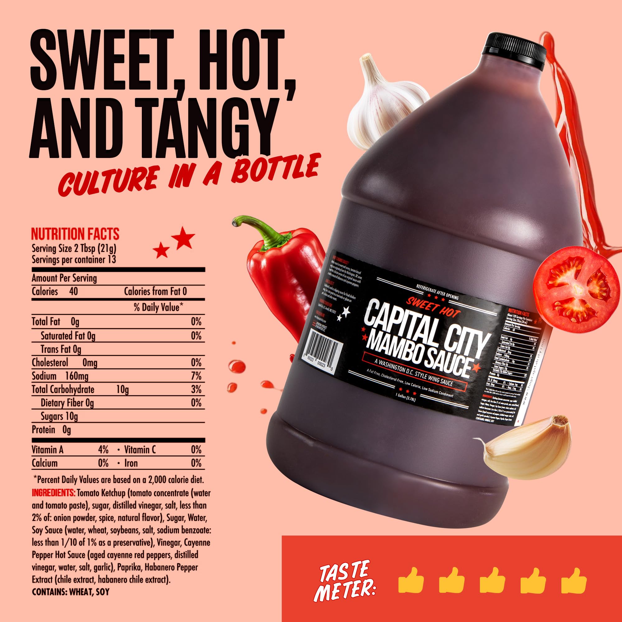 Capital City Mambo Sauce Sweet Hot, Washington DC Wing Sauces, Perfect Condiment for Wings Chicken Pork Beef Seafood Burgers Rice or Noodles, 128oz (1