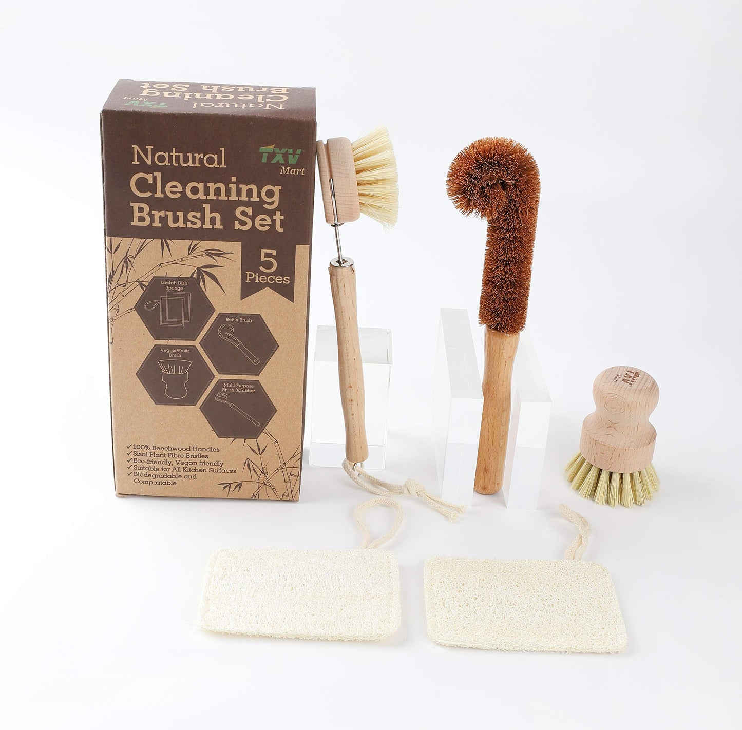 TXV Mart Eco-Friendly Natural Wooden Kitchen Cleaning Brush Set, 5 Piece, Wooden Dish Cleaning Brush Set, Loofah Dish Sponges, Dish and Bottle