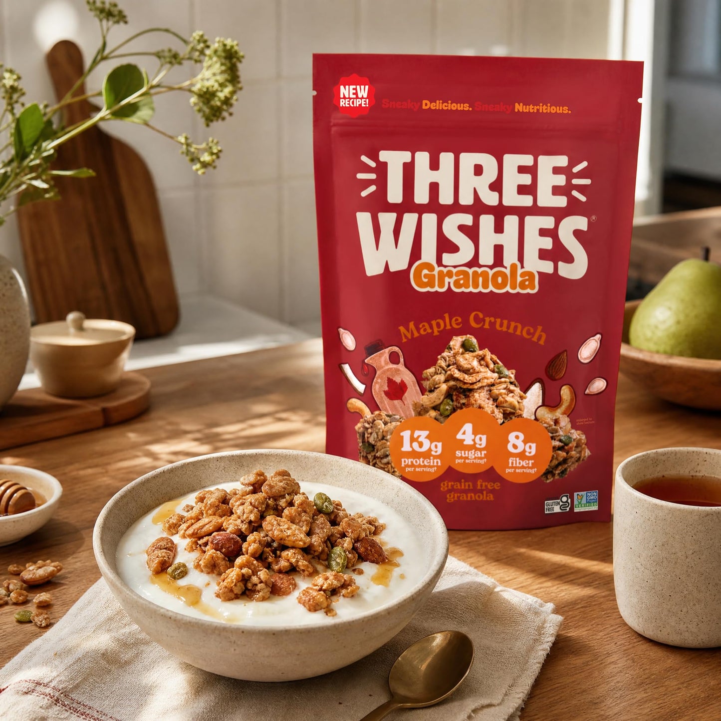 Three Wishes Granola - 13g of Protein & 4g of Sugar - Healthy Breakfast & On-the-Go Snack - Vegan, Kosher, & Grain-Free (8 Ounce Bags, Pack of 2)
