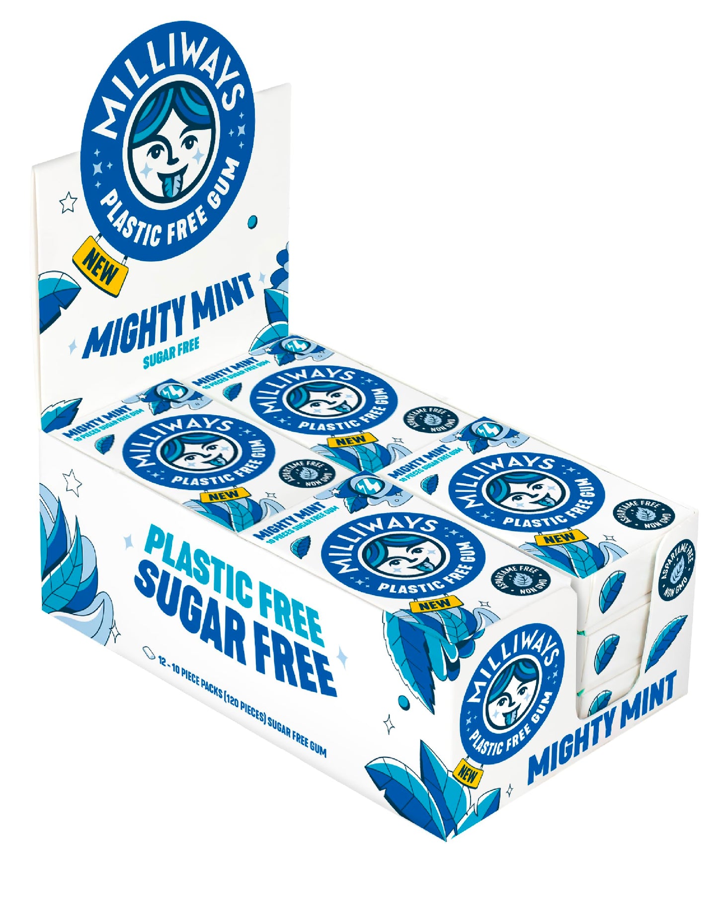 Milliways Mighty Mint | Plastic Free Gum | Xylitol, Aspartame-Free, Sugar-Free, Plant-Based, Natural Chewing Gum | 120 Pieces Total (12 Packs of 10