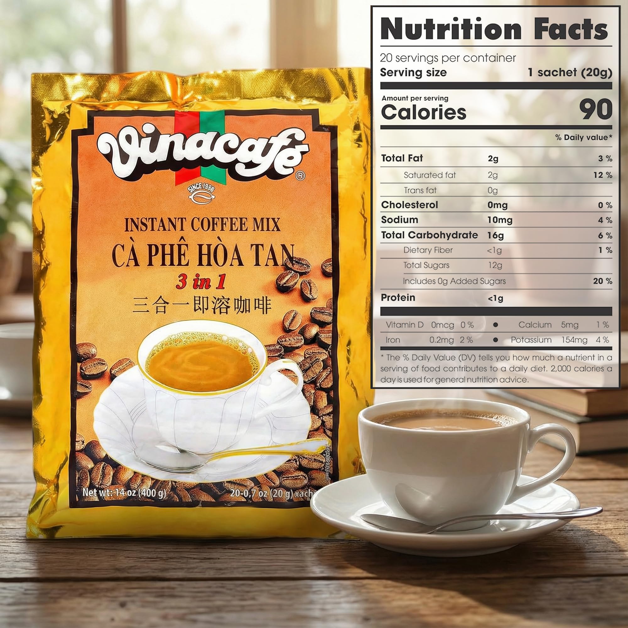 Vinacafe 400 Cts Vietnamese Instant Coffee Mix 3 in 1 Single Serves (Pack of 20 | 20 Sachets Per Bag) Balanced Medium Roast Coffee Mix for Quick