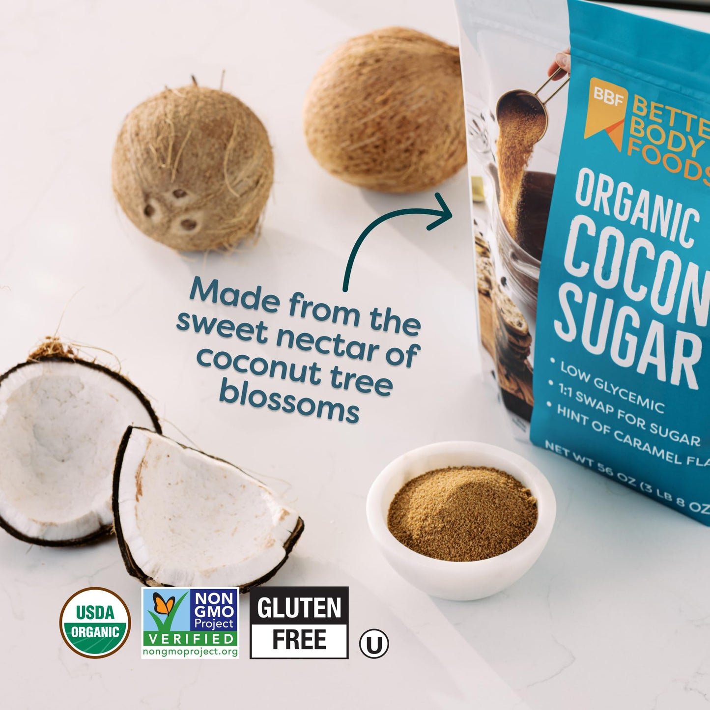BetterBody Foods Organic Coconut Sugar, Gluten-Free, Non-GMO, Low Glycemic Sugar Substitute, 3.5 lbs, 56 ounces