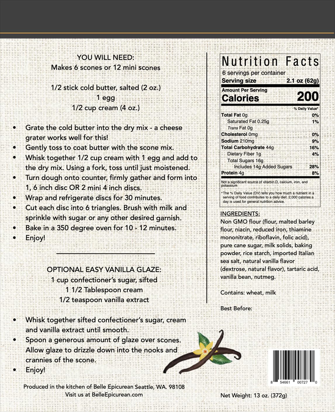 Belle Epicurean Vanilla Scone Mix, 13 oz.