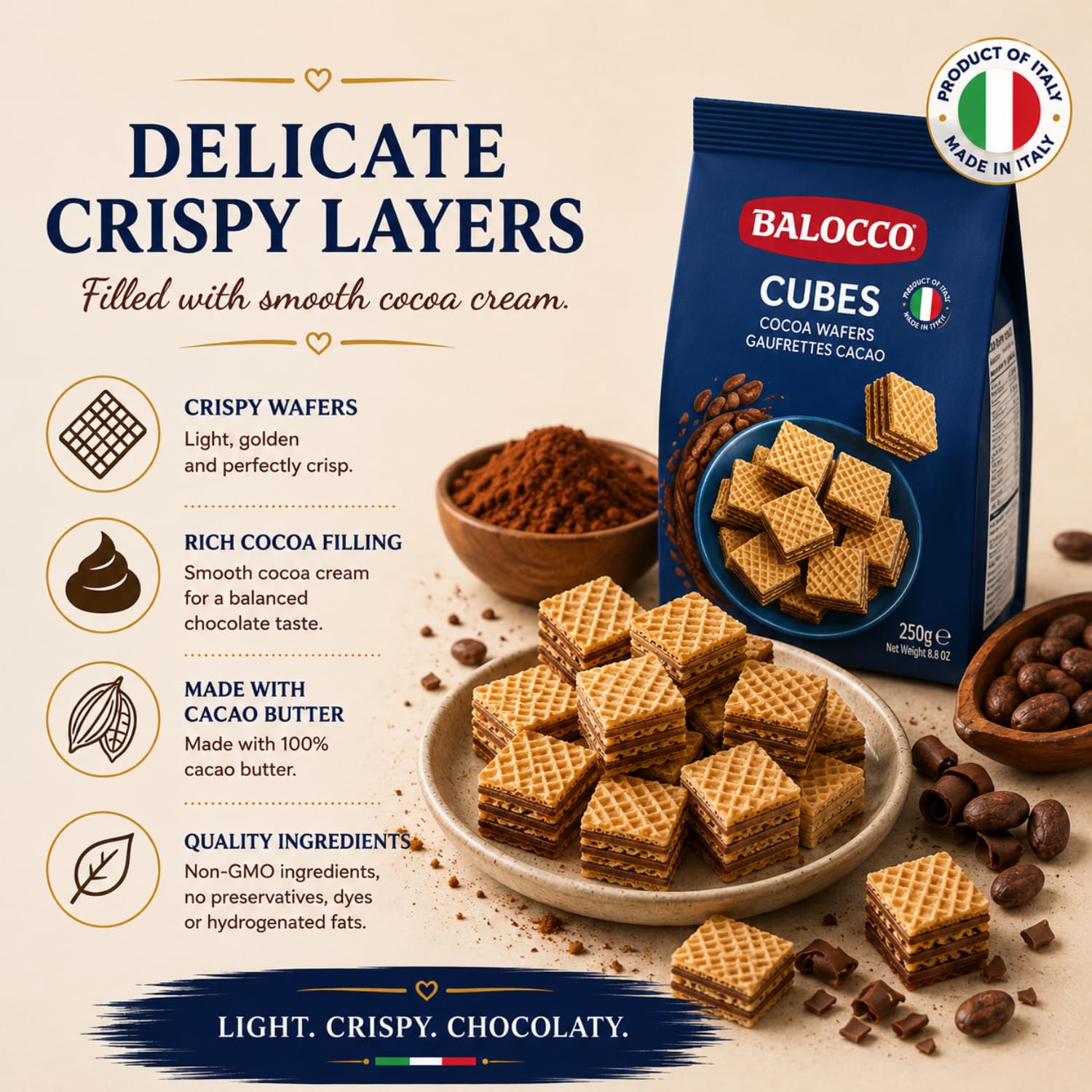 Balocco Cocoa Wafer Cubes Cookies 8.8 Oz (250g) - Crispy Italian Square Wafer Chocolate Cookies with 4 Layers of Cacao Butter, Non-GMO, Product