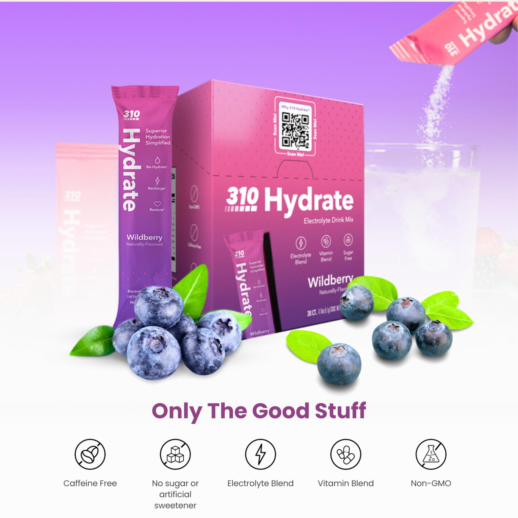 310 Nutrition Sugar Free Electrolytes Powder - Instant Hydration Packets for Daily Fluid Balance - Caffeine-Free Rehydration Drink Mix w/ Vitamins