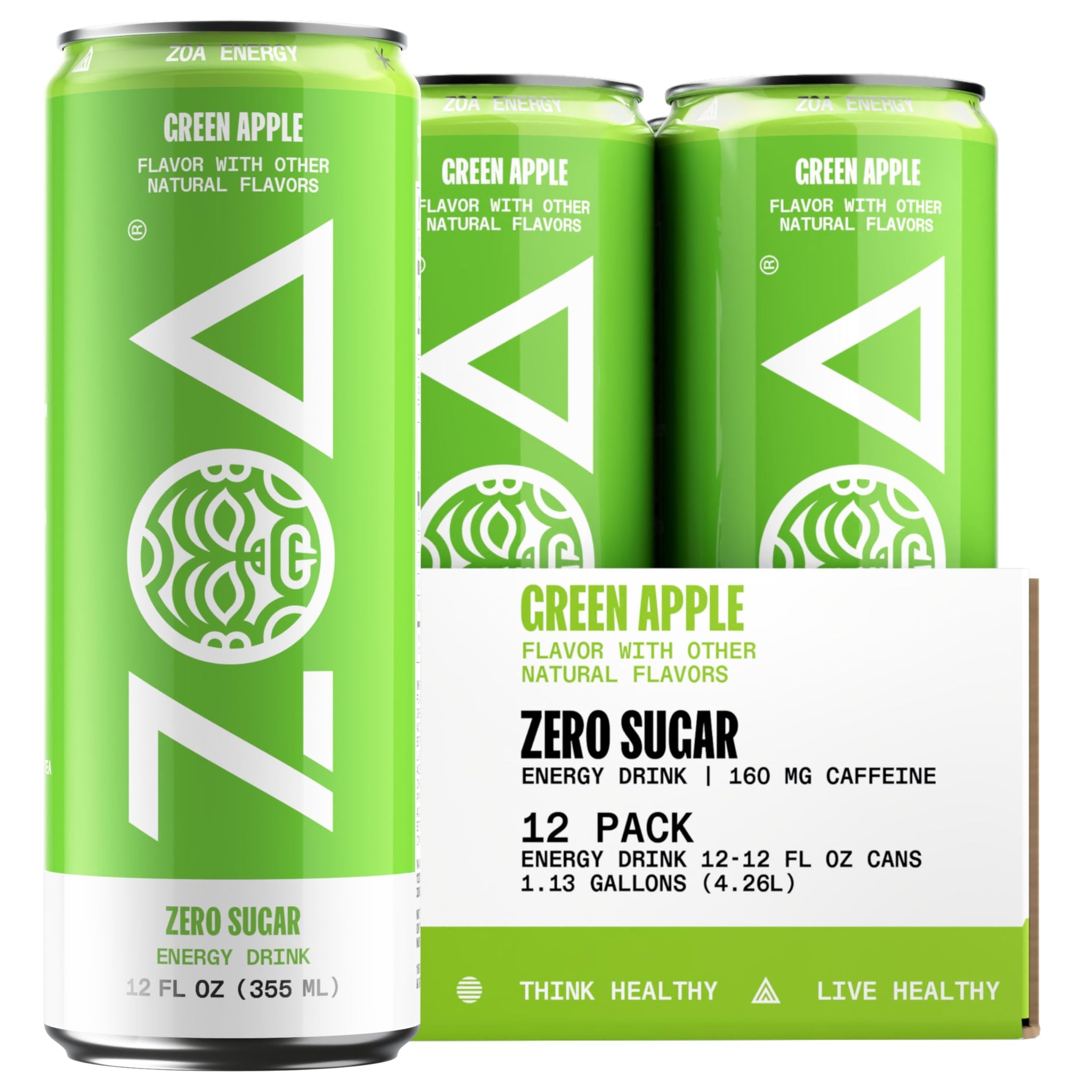 ZOA GREEN APPLE Sugar Free, Low Calorie Energy Drinks | Healthy B & C Vitamins | Electrolytes for Hydration | 160mg Caffeine from Green Tea | 12 Fl Oz