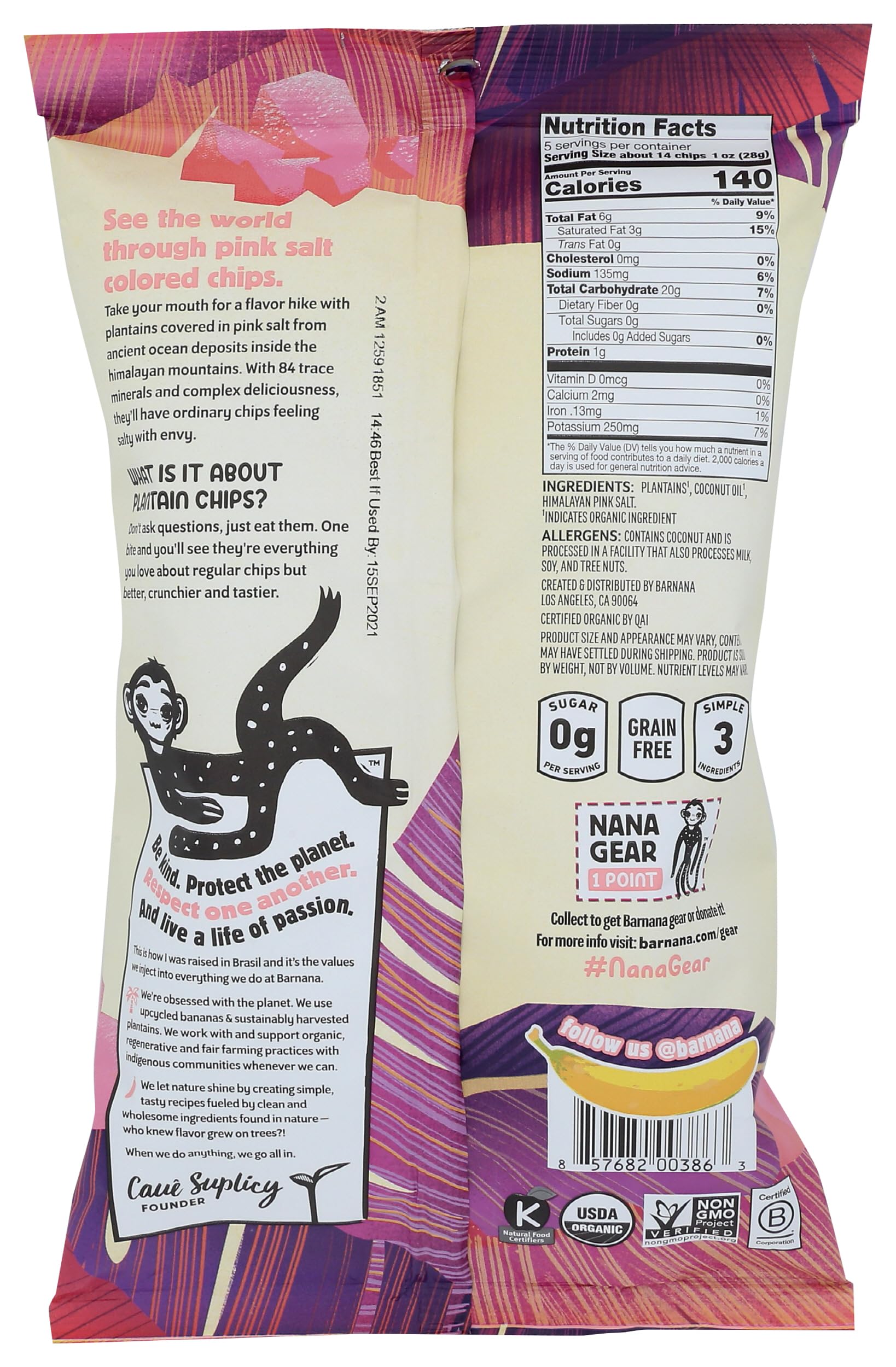 Barnana Organic Plantain Chips with Himalayan Pink Salt, 5 Oz