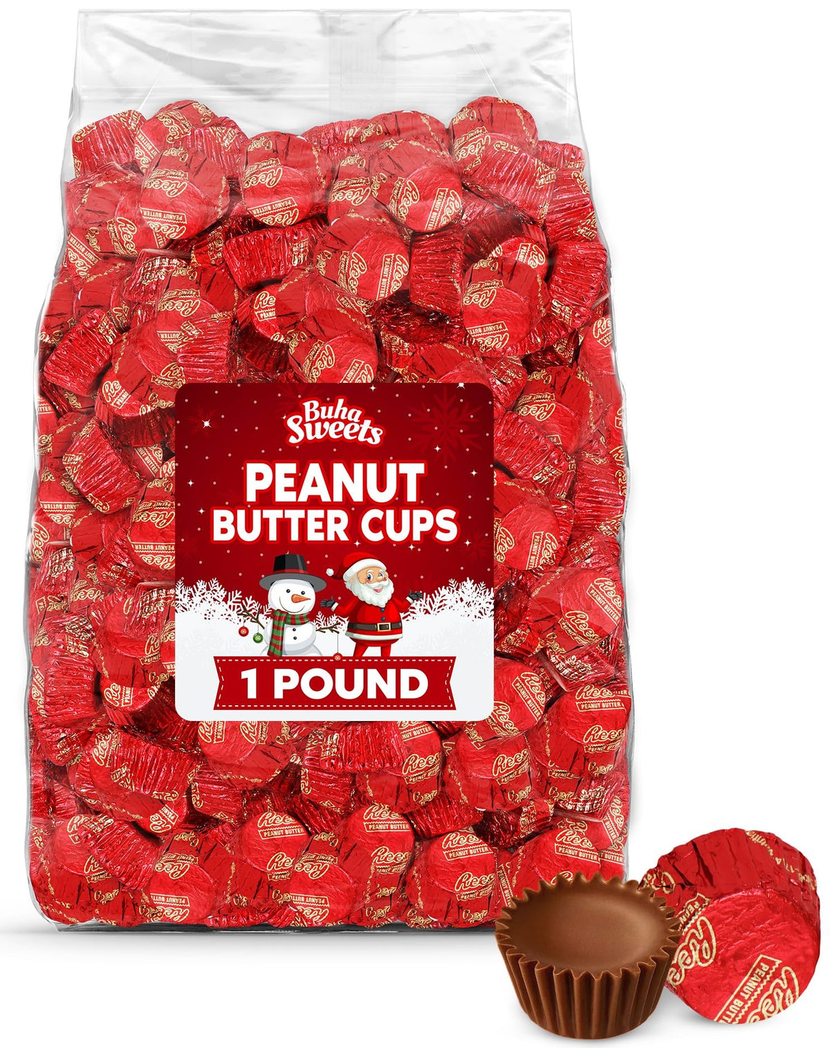 Christmas Bulk Milk Chocolate Peanut Butter Cups Miniatures 1 Pound - Individually Wrapped Chocolate Candy In Red Foil for Parties, Gift Bags,