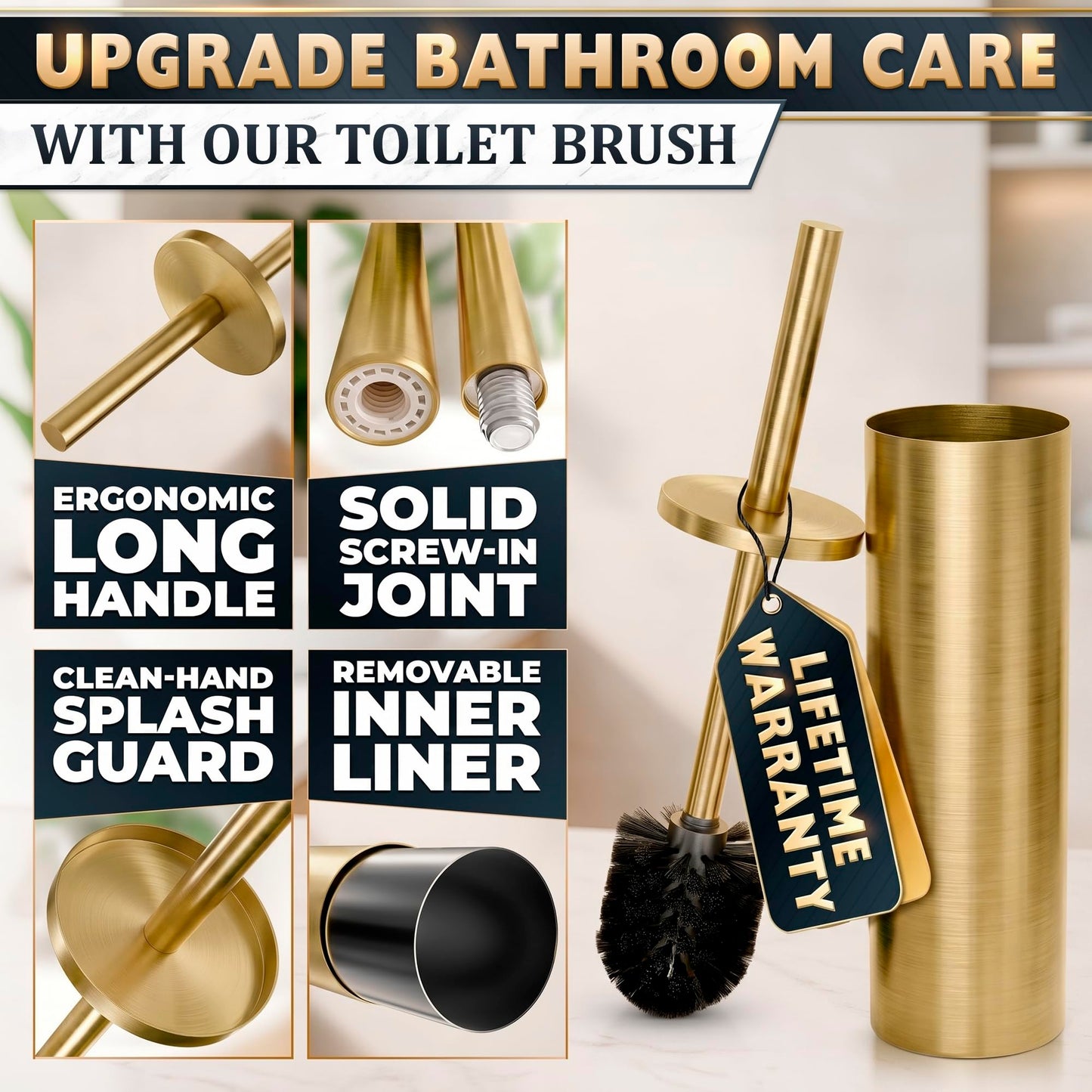 Gold Toilet Brush and Holder Set - Free-Standing Stainless Steel Gold Toilet Bowl Brush and Holder with Replaceable Head, Removable Inner Bowl