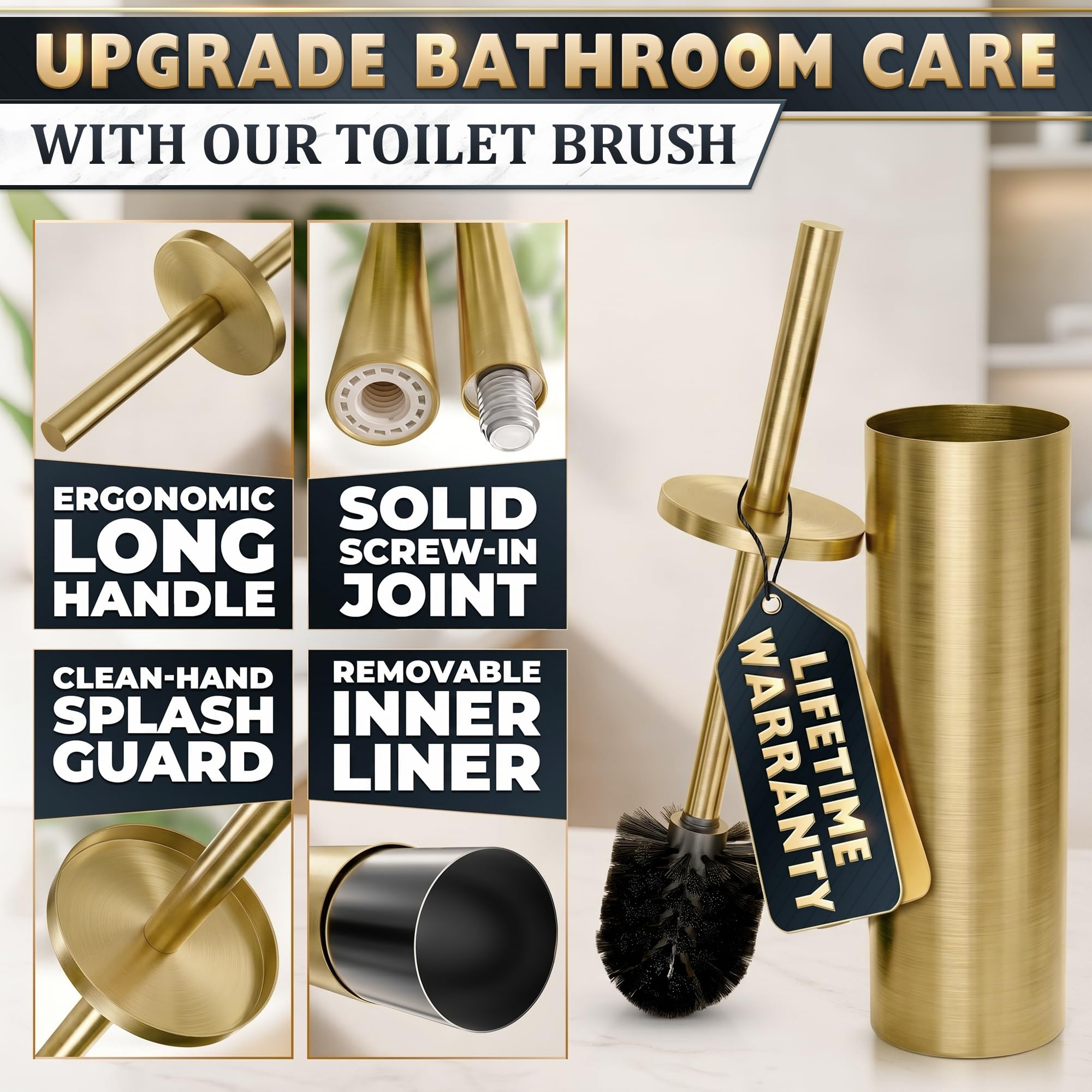 Gold Toilet Brush and Holder Set - Free-Standing Stainless Steel Gold Toilet Bowl Brush and Holder with Replaceable Head, Removable Inner Bowl