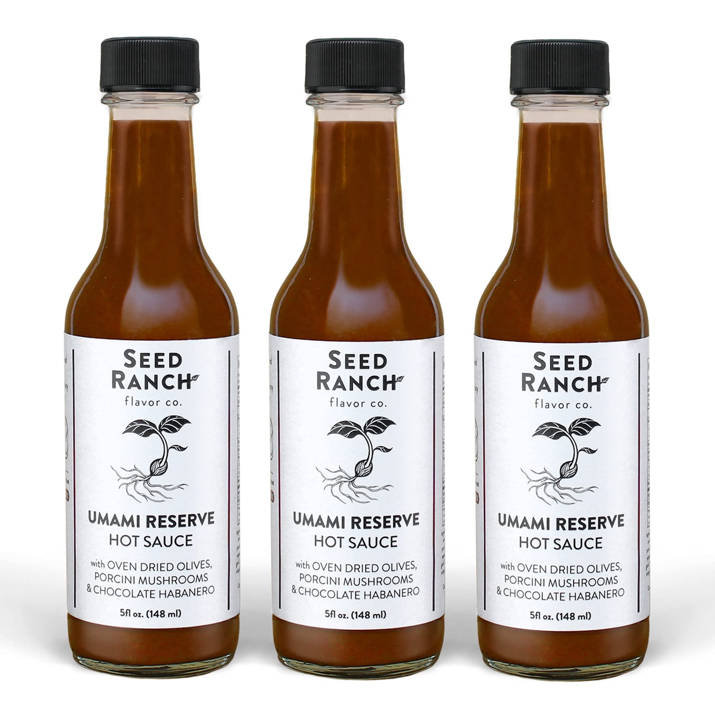 Seed Ranch Umami Reserve Hot Sauce, 3 Pack - Spicy Heat Flavor - Oven Dried Olives, Porcini Mushrooms & Chocolate Habanero - Vegan, Non-GMO
