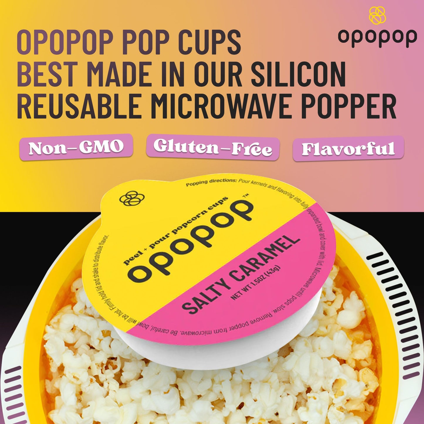 Opopop Microwave Popcorn - Pop Cups Salty Caramel 6-Pack, Non-GMO Gourmet Popcorn Kernels & Popcorn Flavoring, Caramel Popcorn, Gluten Free Snacks