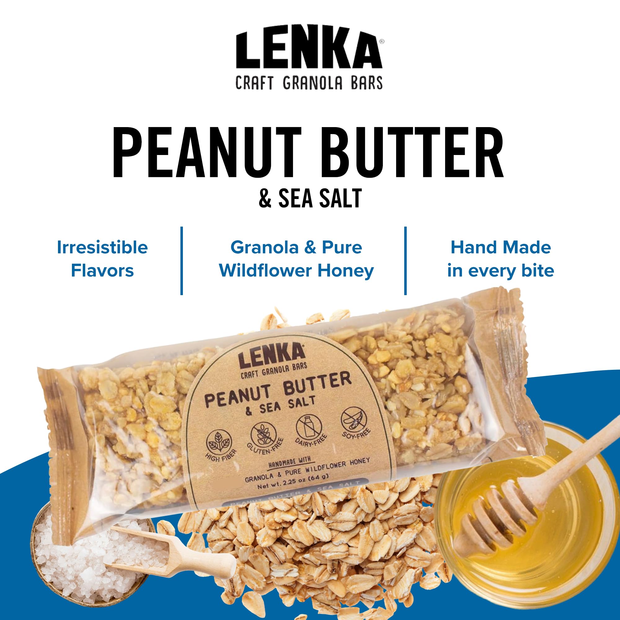 Lenka Bars - Peanut Butter & Sea Salt Snack Bars, Gluten Free, High Fiber, Kosher, Wholesome, No Artificial Flavors, Individually Wrapped - 12 Pack