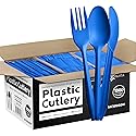 1000 Count Blue Silverware Set, 334 Plastic Forks, 333 Spoons, 333 Knives, Medium Weight BPA Free Disposable Cutlery Set, Bulk Combo Pack Flatware Set