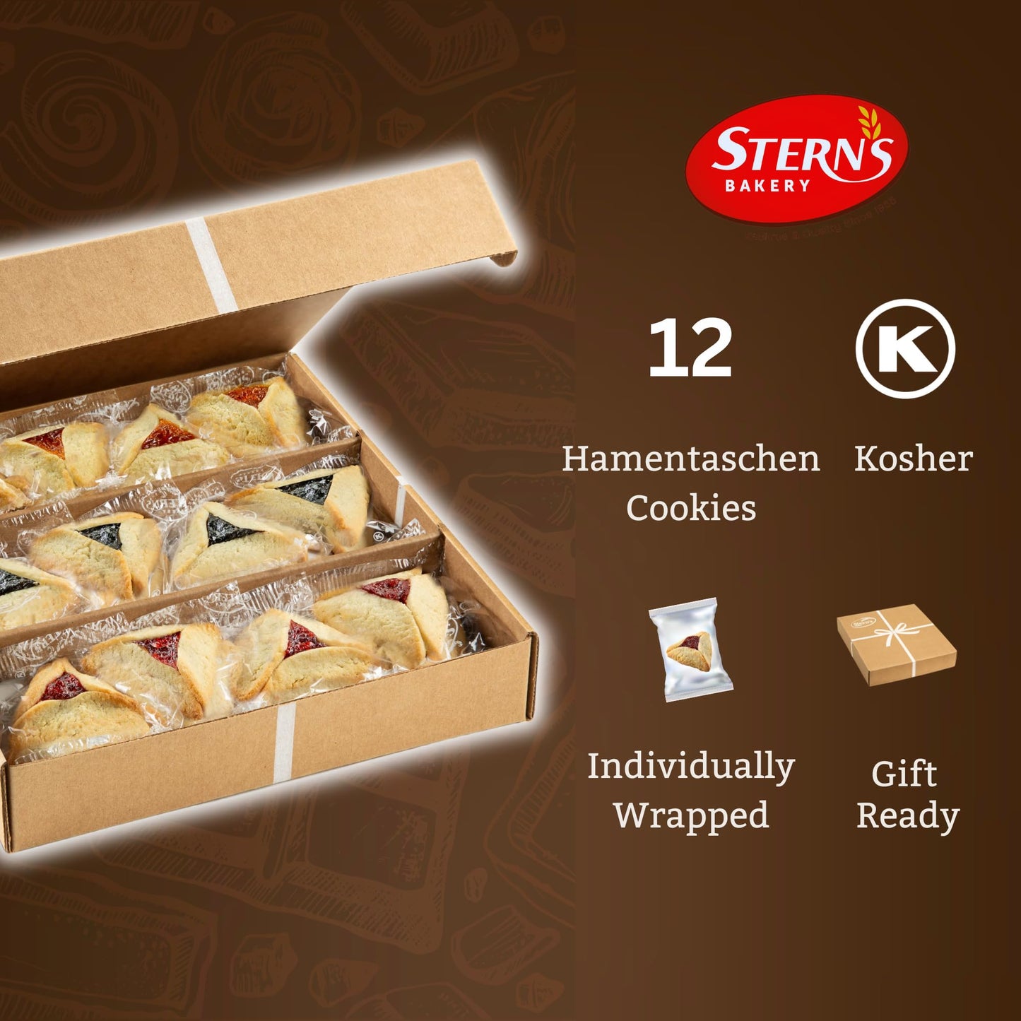 Hamentaschen Cookies Individually Wrapped [12 Count] Filled with Apricot, Prune & Raspberry Jam | Purim Gift Basket | Mishloach Manot for Mom, Dad