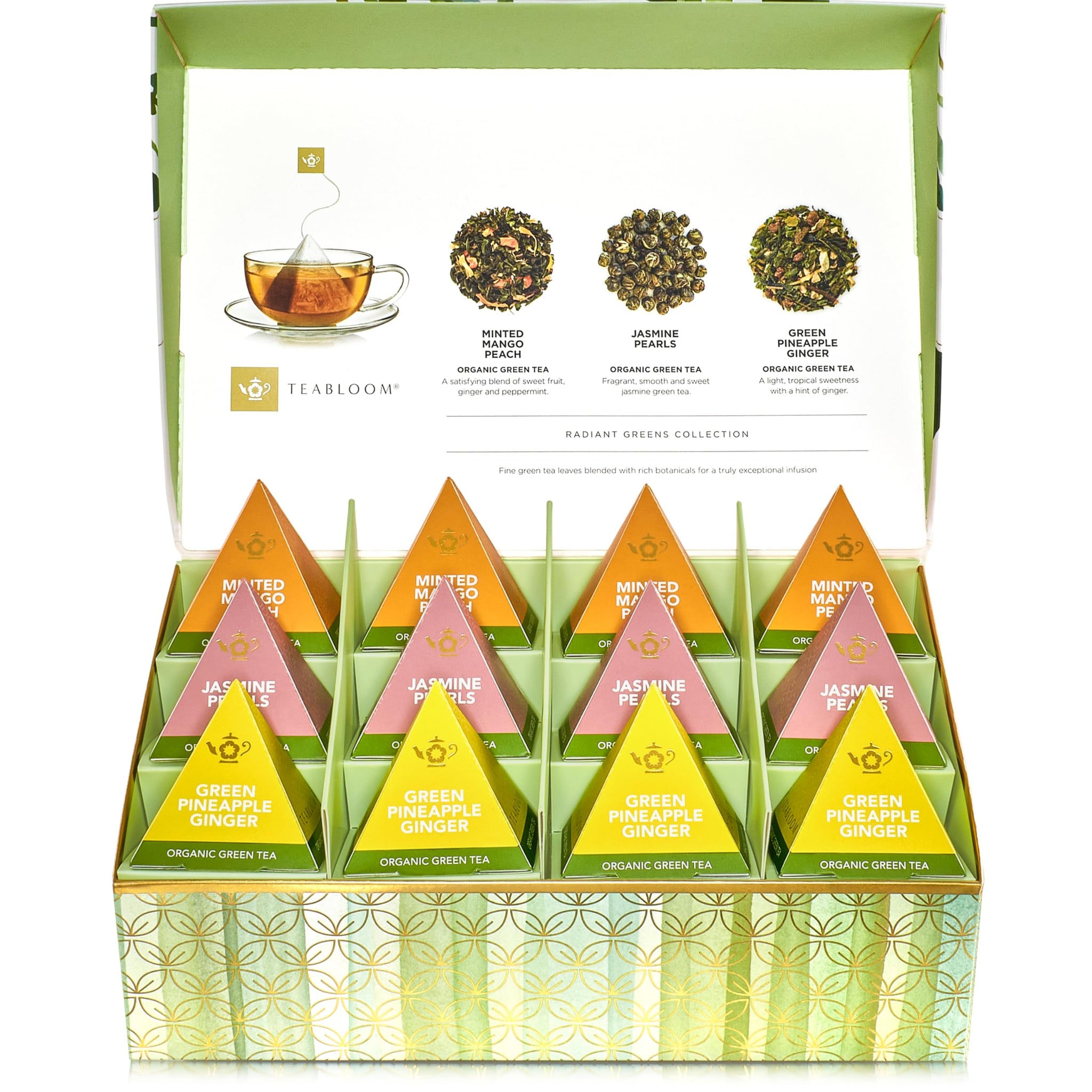 Teabloom Radiant Greens - Organic Green Tea Sampler with 12 Plant-Based Pyramid Sachets, Jasmine Pearls, Minted Mango Peach & Pineapple Ginger