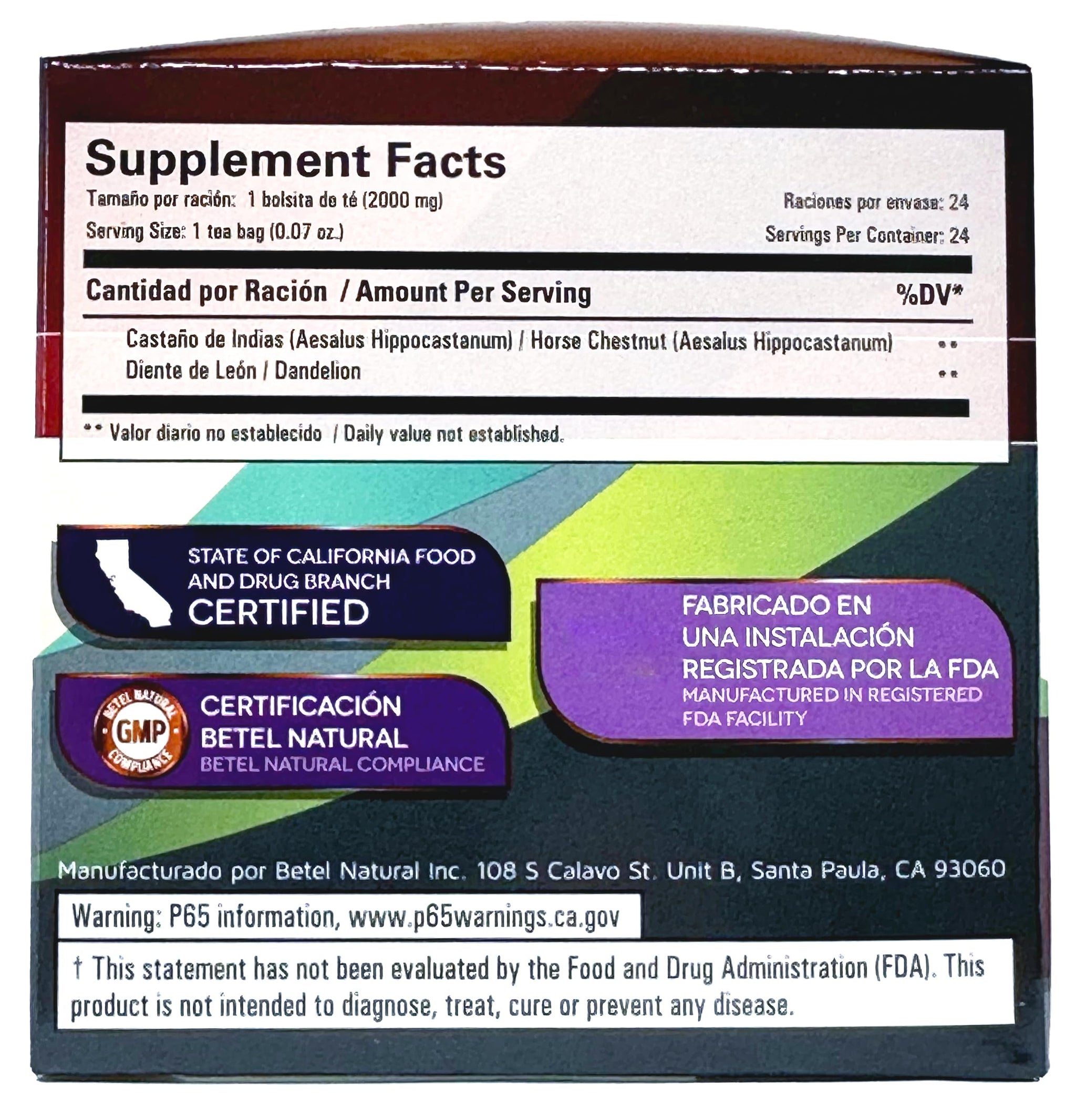 Premium Castanos de Indias (Horse Chestnut) Tea Reinforced with Dandelion by Betel Natural - Promotes Healthy Circulation - 24 Tea Bags
