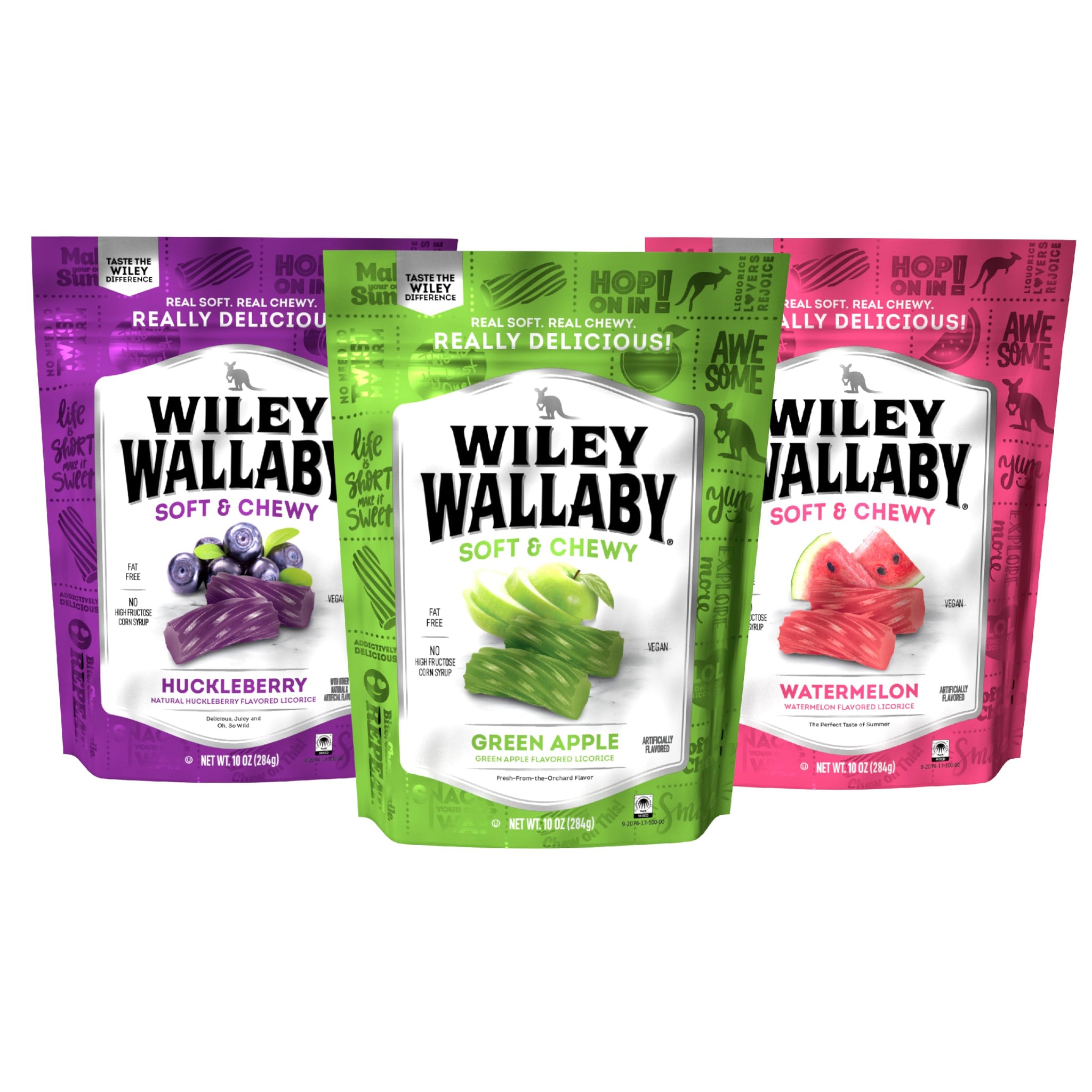 Wiley Wallaby Licorice 10 Ounce Variety Pack - Huckleberry, Apple & Watermelon Classic Gourmet Australian Style Soft & Chewy Licorice Candy - Pack
