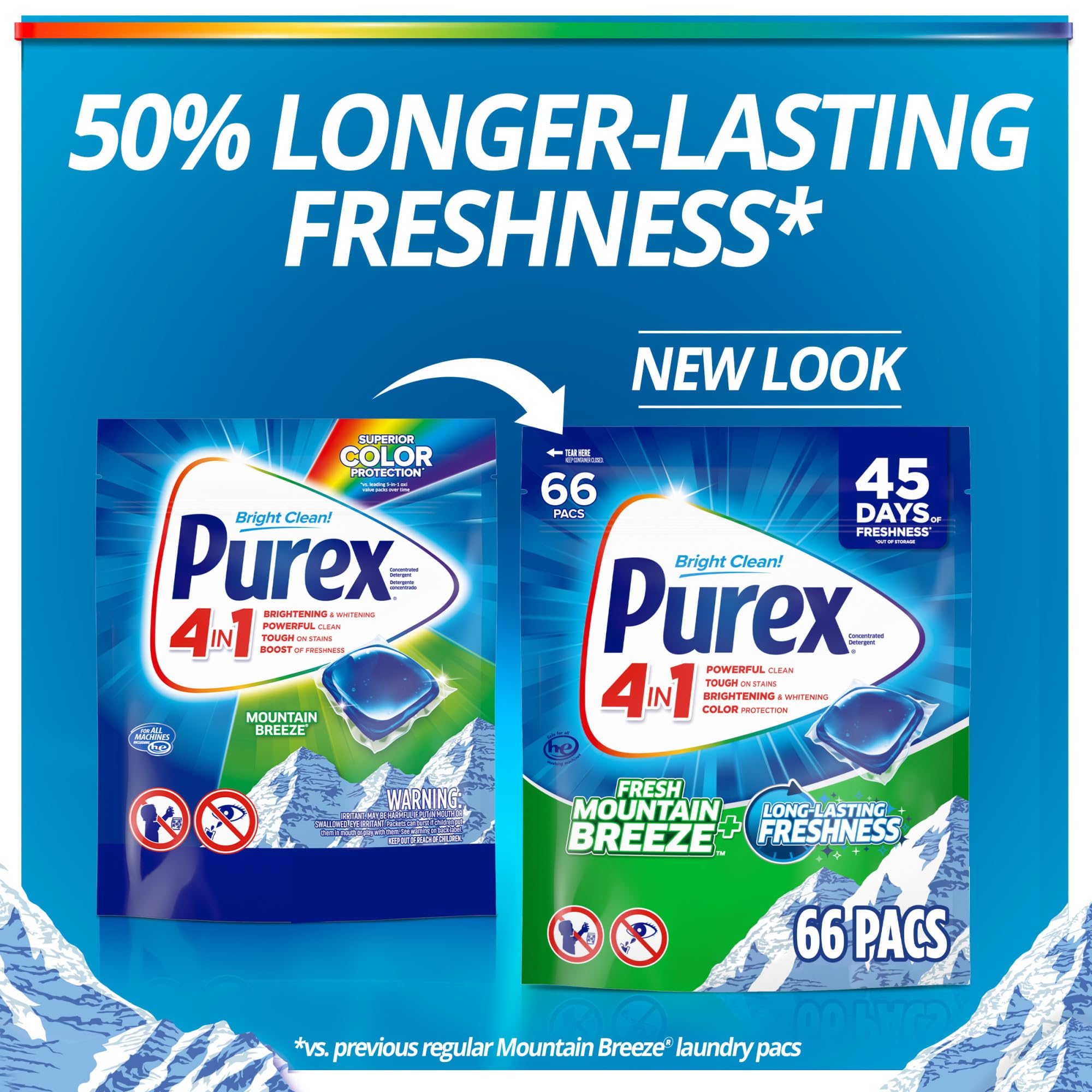 Purex Fresh Mountain Breeze Laundry Detergent Pacs, 66 Count, Pre Measured Pacs